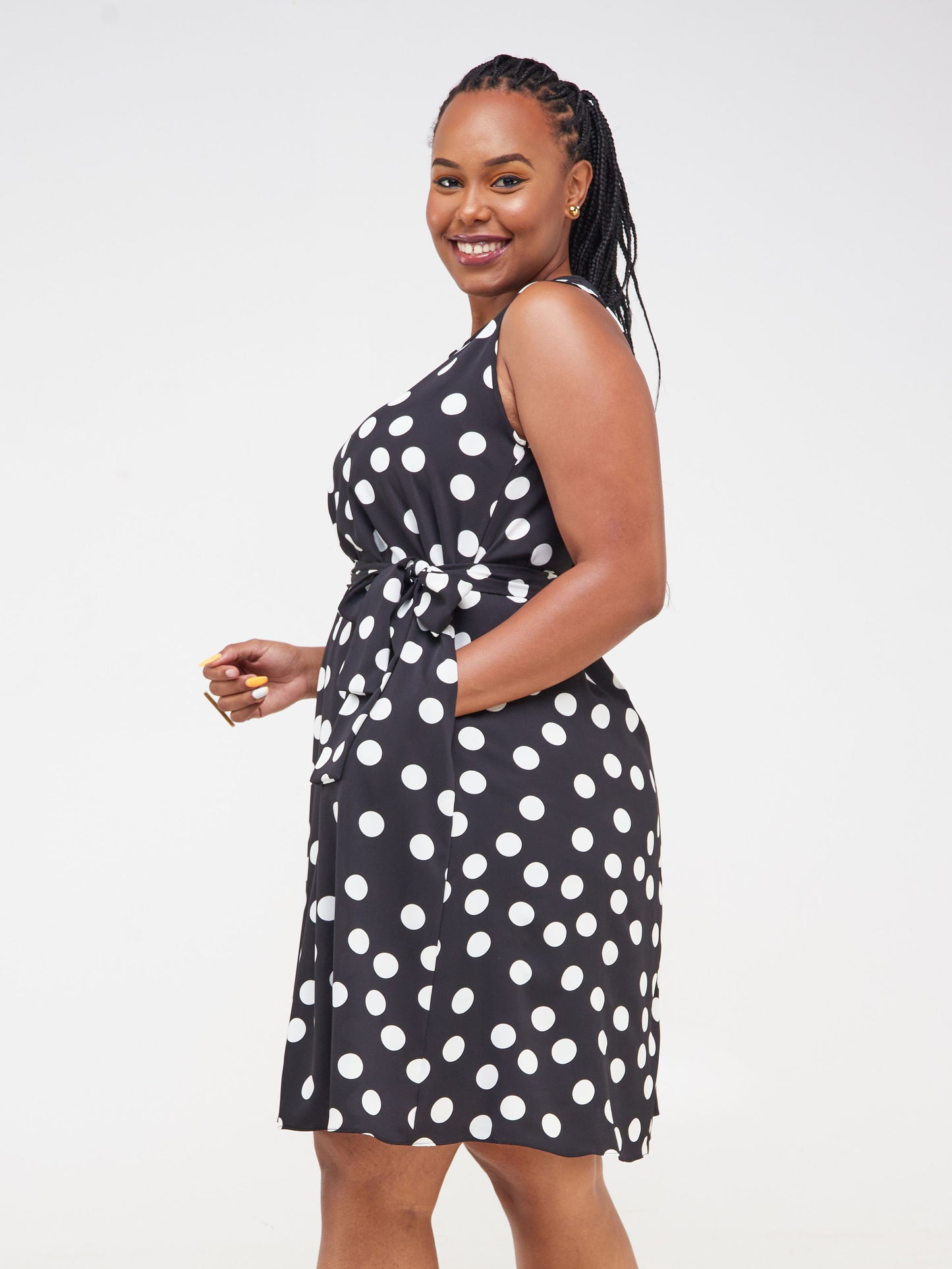 Vivo Basic Lined Sleeveless Tent Dress - Black / White Polka Dot Print