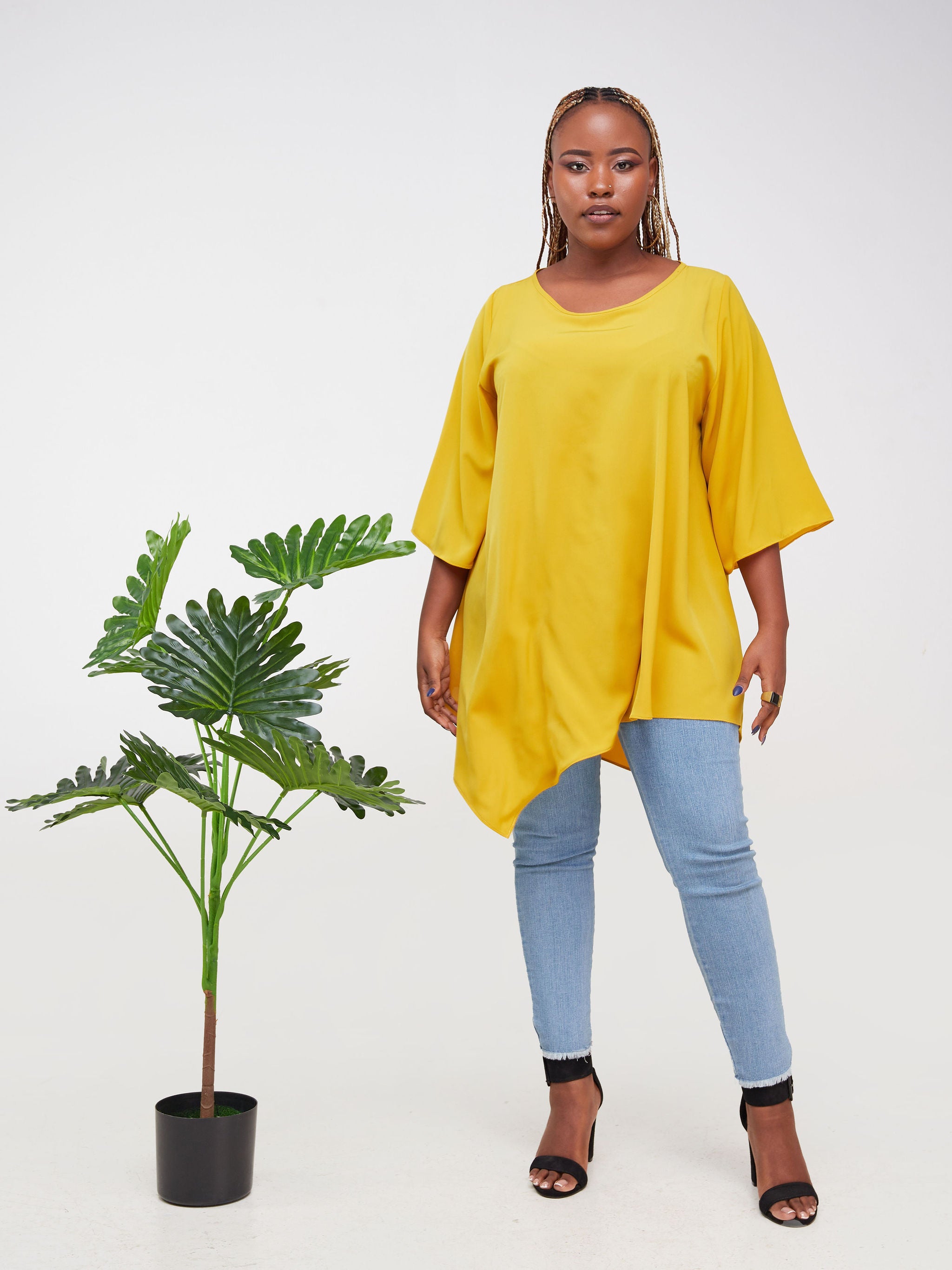 Vivo Sana Asymmetrical Angel Sleeve Top - Mustard