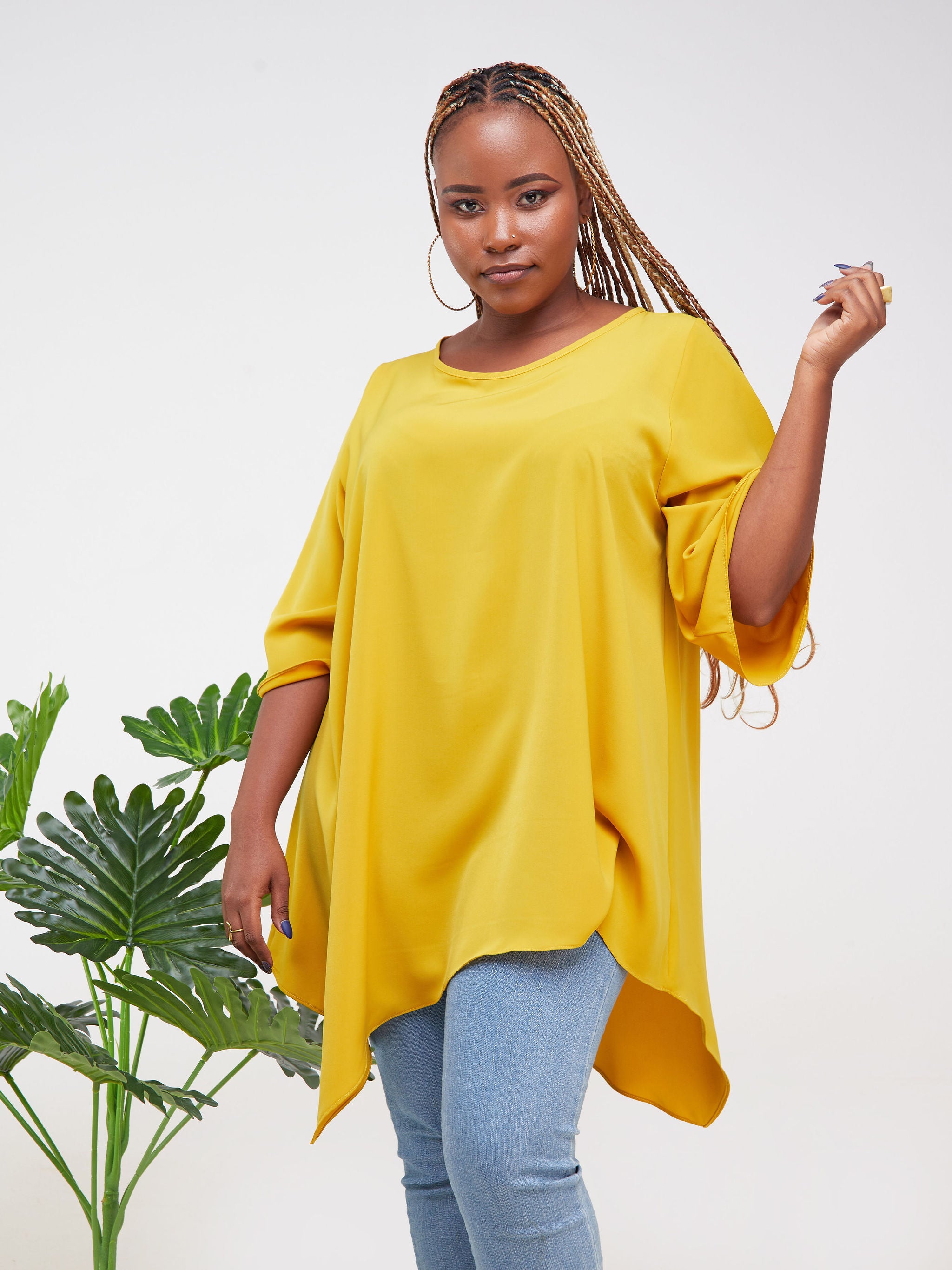 Vivo Sana Asymmetrical Angel Sleeve Top - Mustard