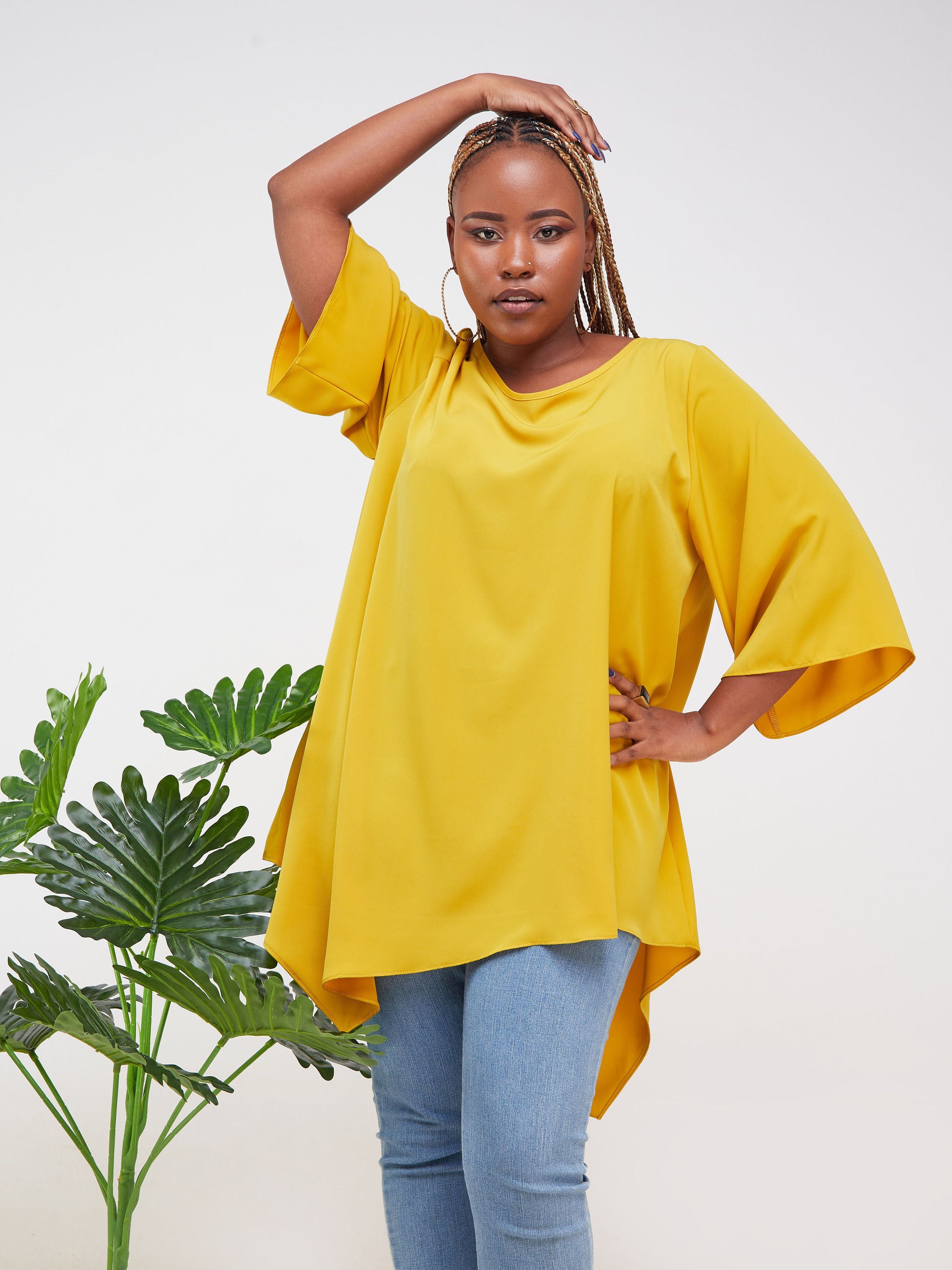 Vivo Sana Asymmetrical Angel Sleeve Top - Mustard