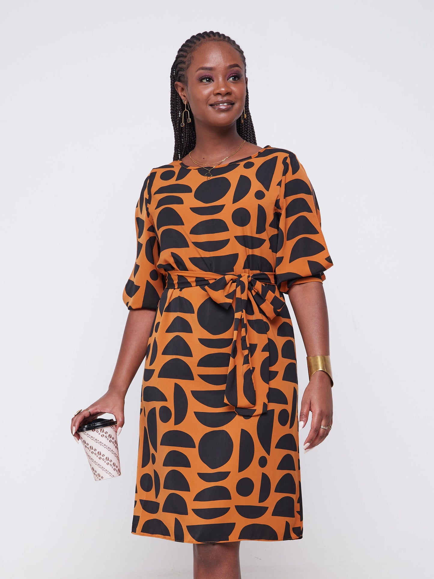 Vivo Jasiri 3/4 Cut Out Sleeve Shift Dress - Brown Abstract Print