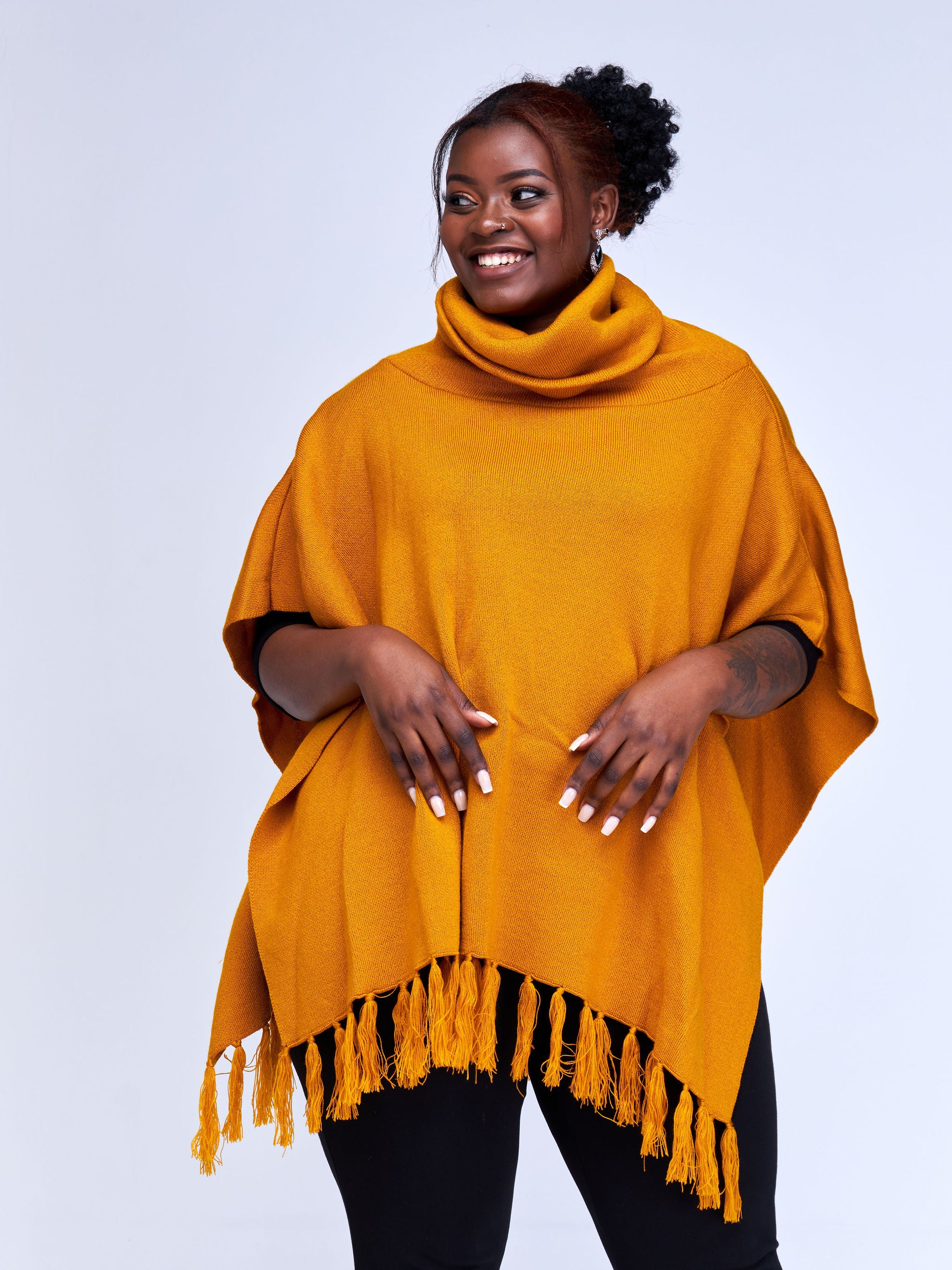 Vivo Turtleneck Knit Fringe Poncho - Mustard
