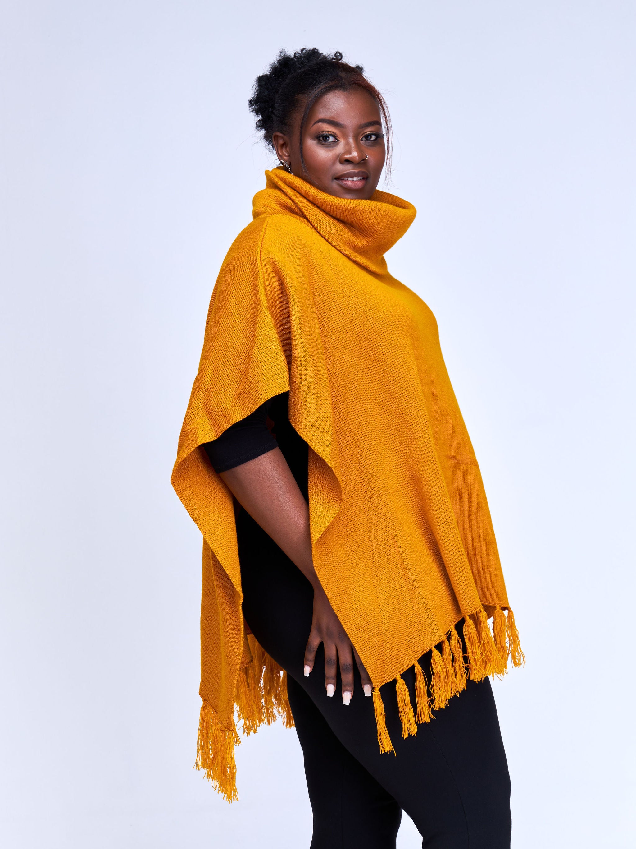 Vivo Turtleneck Knit Fringe Poncho - Mustard
