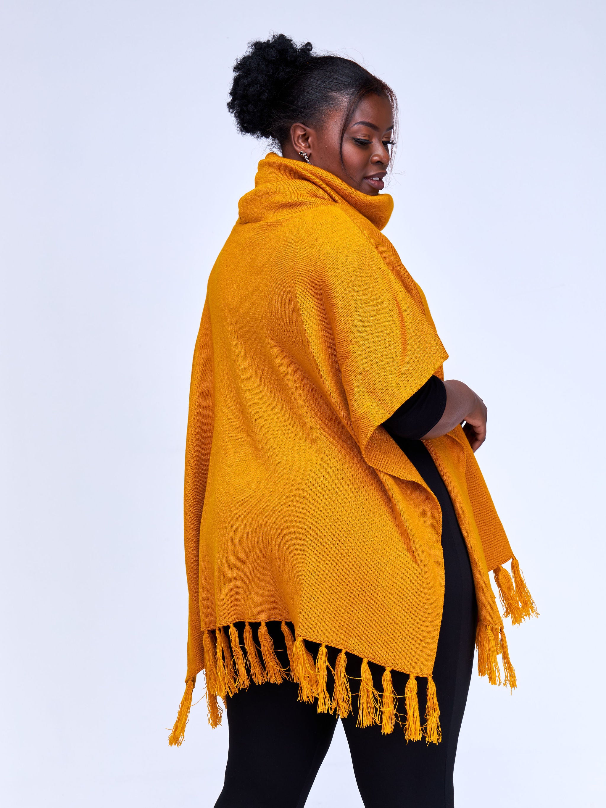 Vivo Turtleneck Knit Fringe Poncho - Mustard