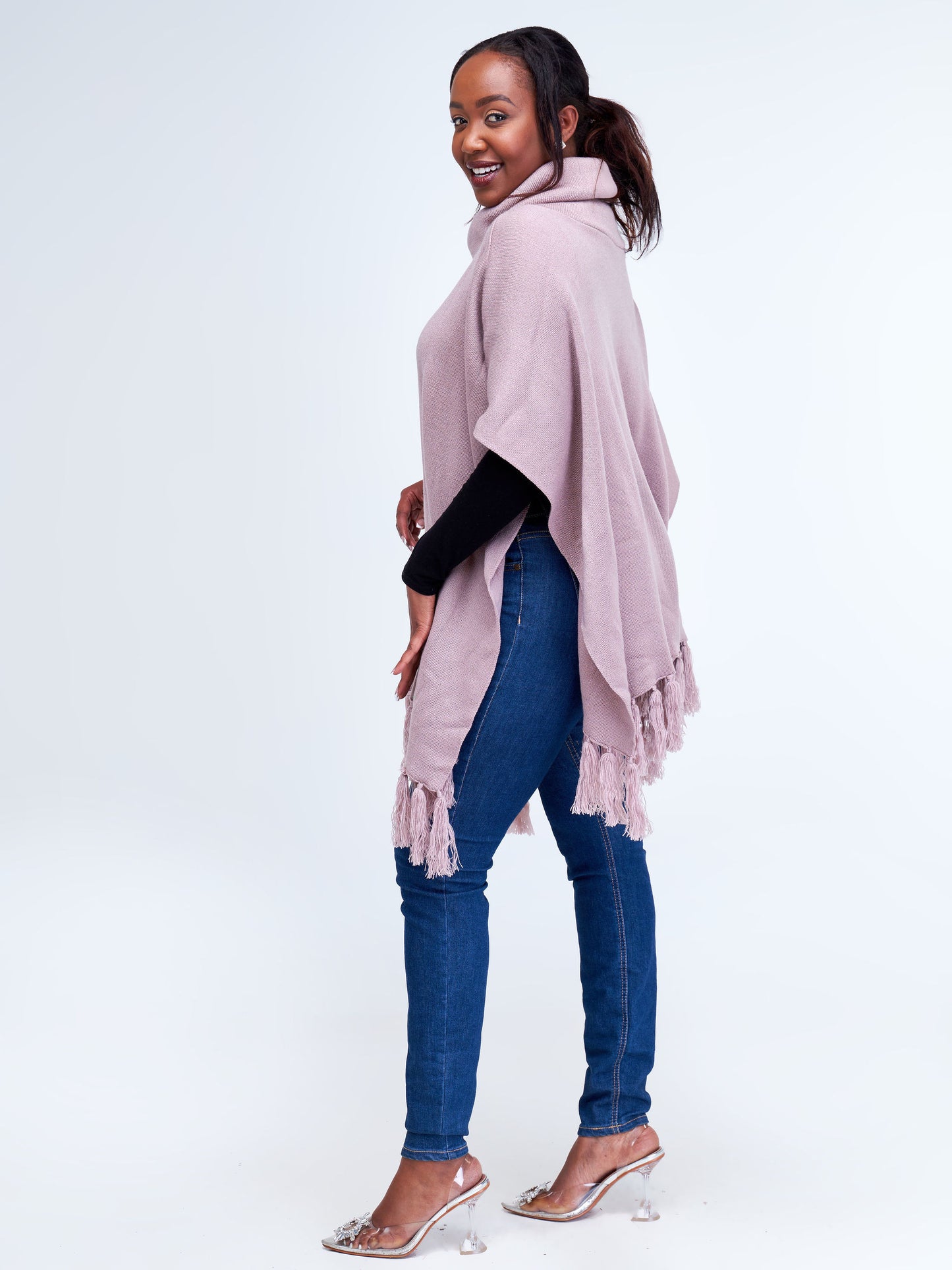 Vivo Turtleneck Knit Fringe Poncho - Light Taupe