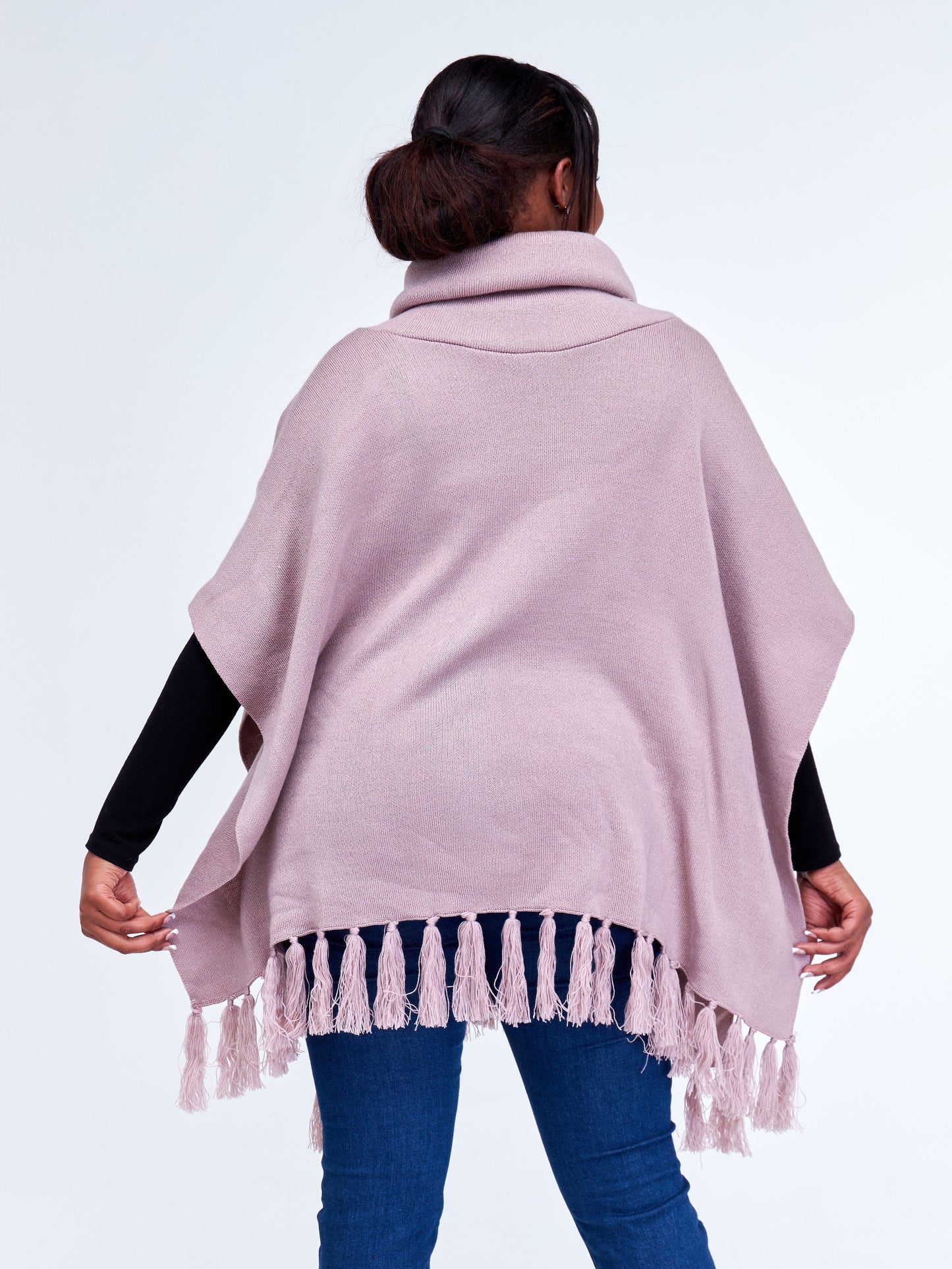 Vivo Turtleneck Knit Fringe Poncho - Light Taupe