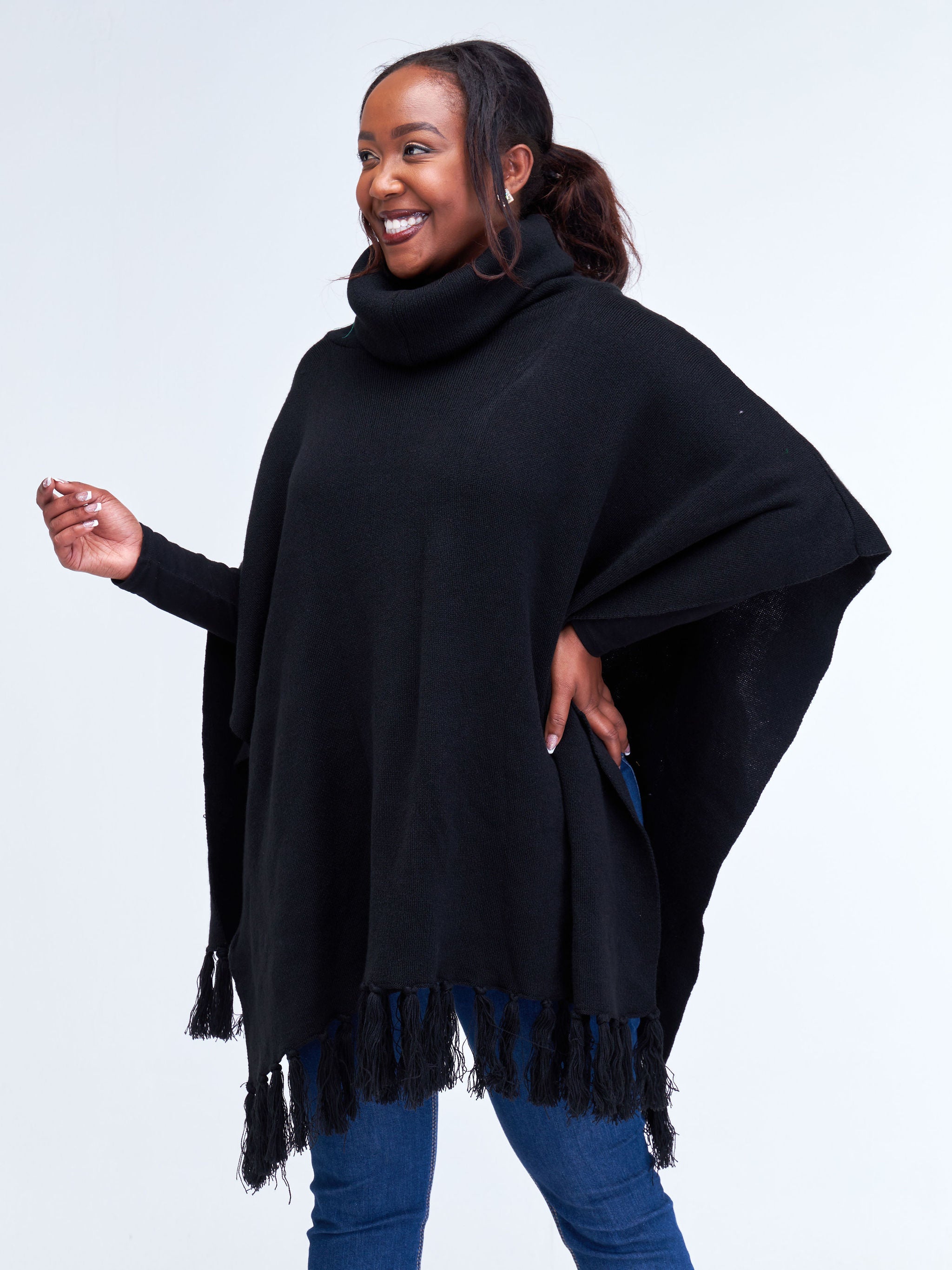 Vivo Turtleneck Knit Fringe Poncho - Black