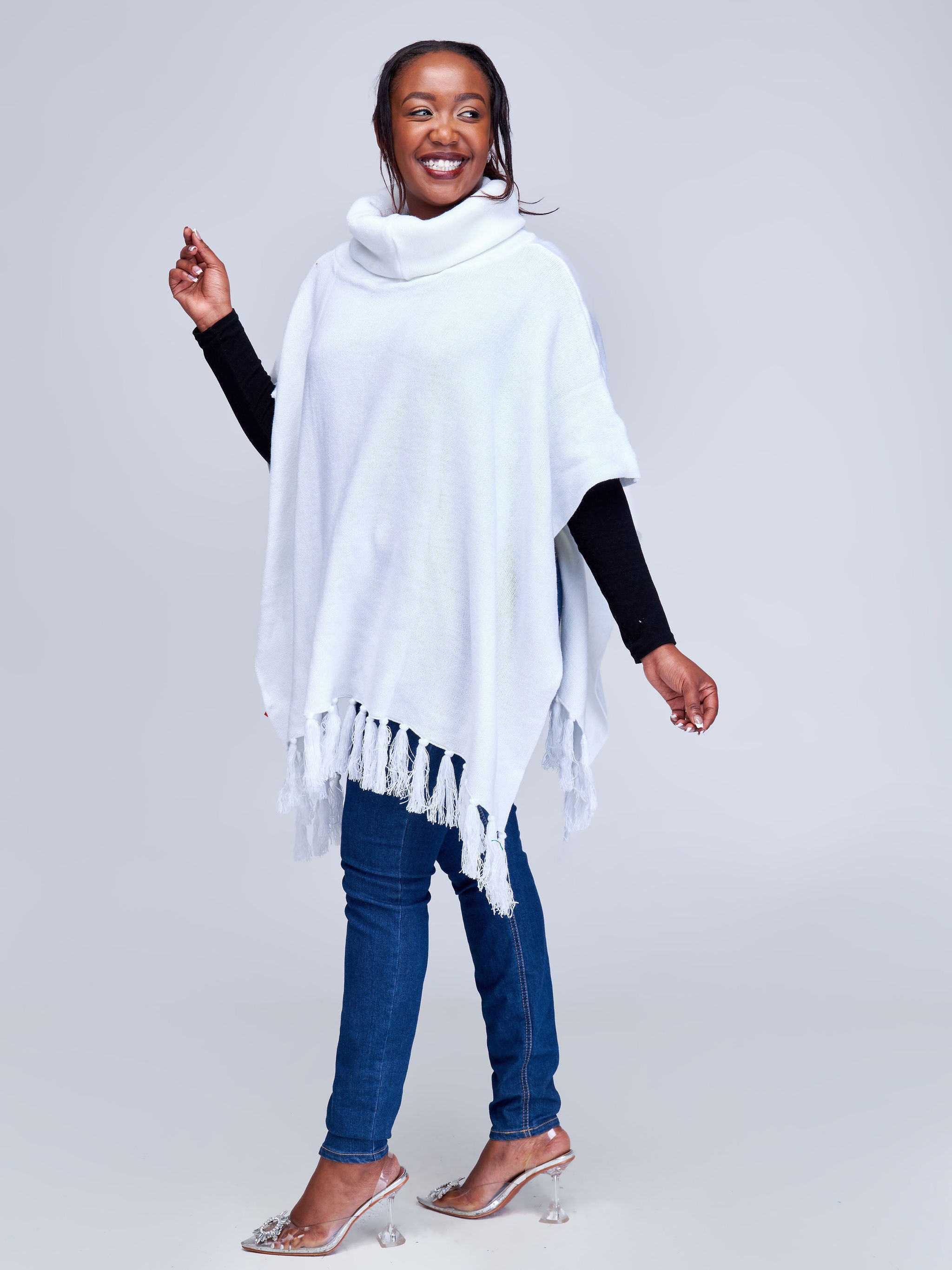 Vivo Turtleneck Knit Fringe Poncho - White