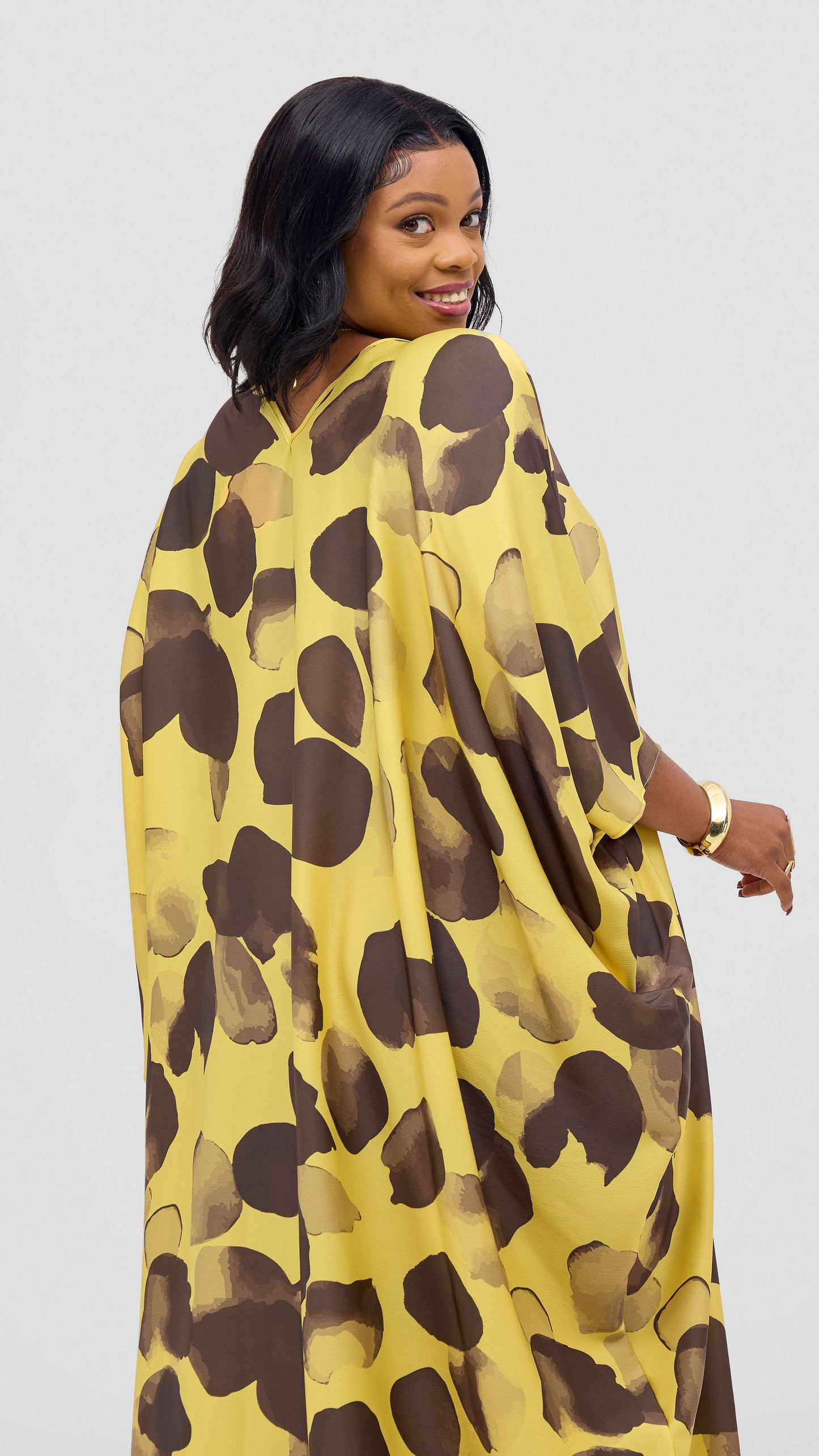 Vivo Keza V-Neck Maxi Kaftan - Yellow / Dark Brown Arisi Print