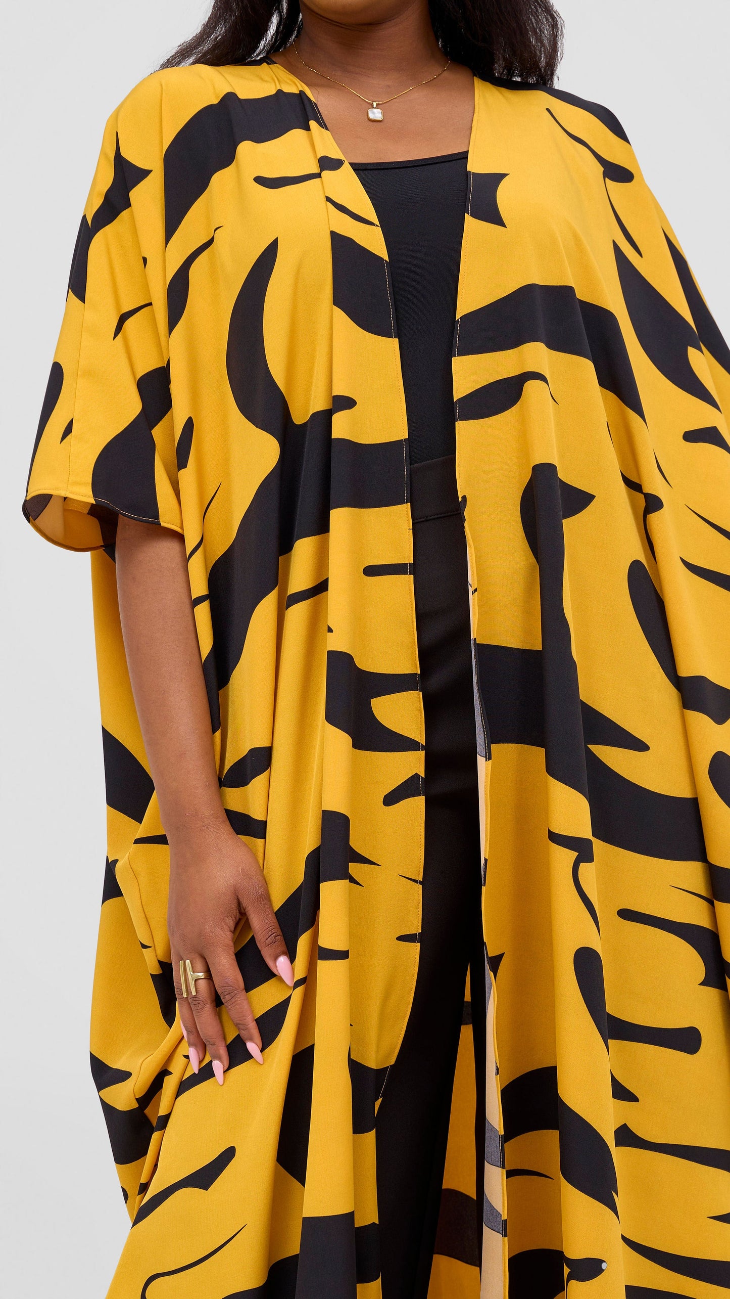 Vivo Basic Open Kaftan - Mustard / Black Print