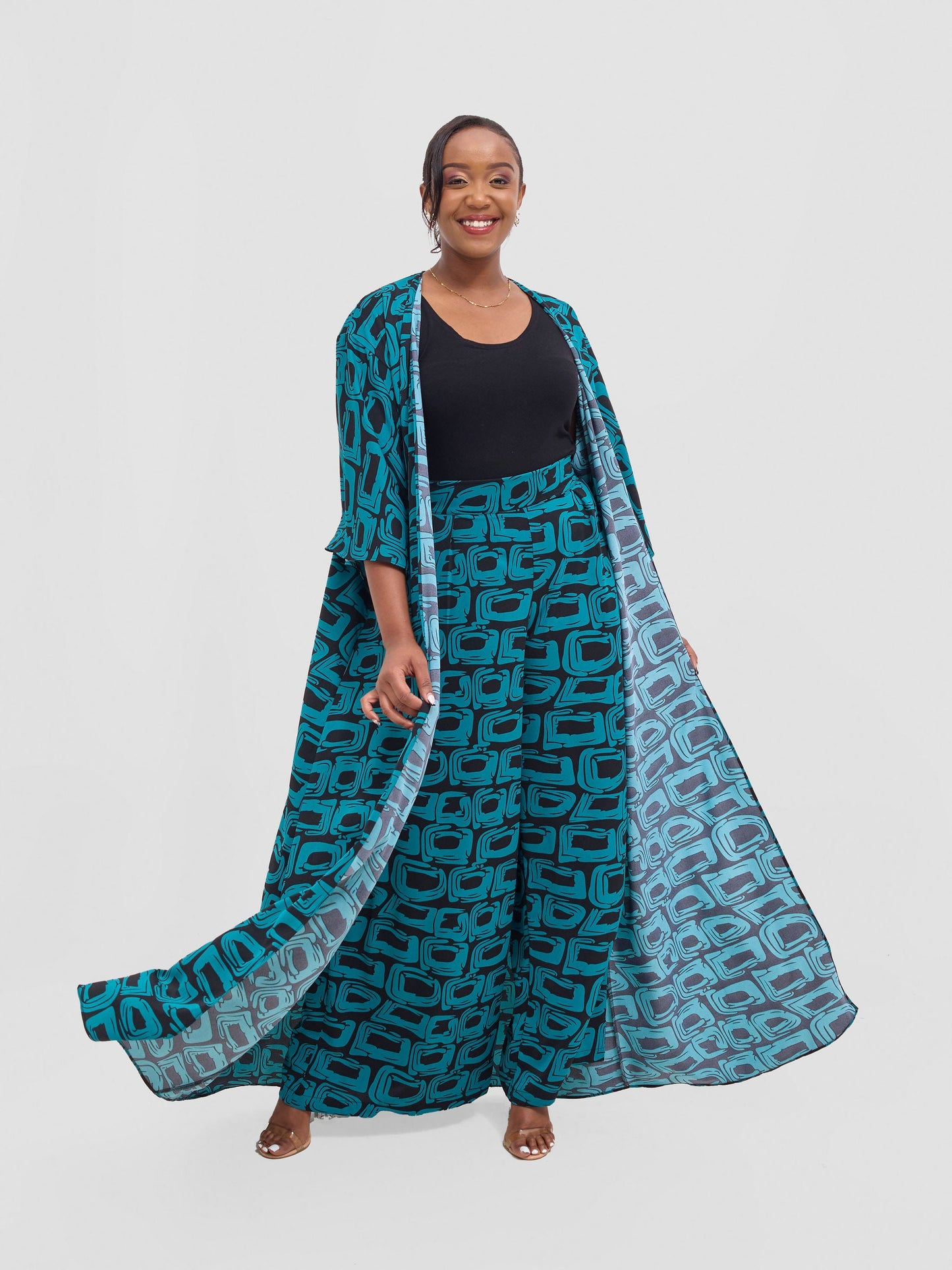 Vivo Alek 3/4 sleeve A-Line Kimono - Teal / Black Umbo Print