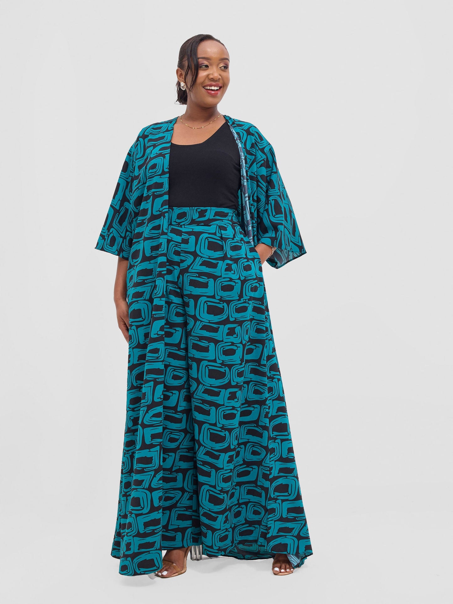 Vivo Alek 3/4 sleeve A-Line Kimono - Teal / Black Umbo Print