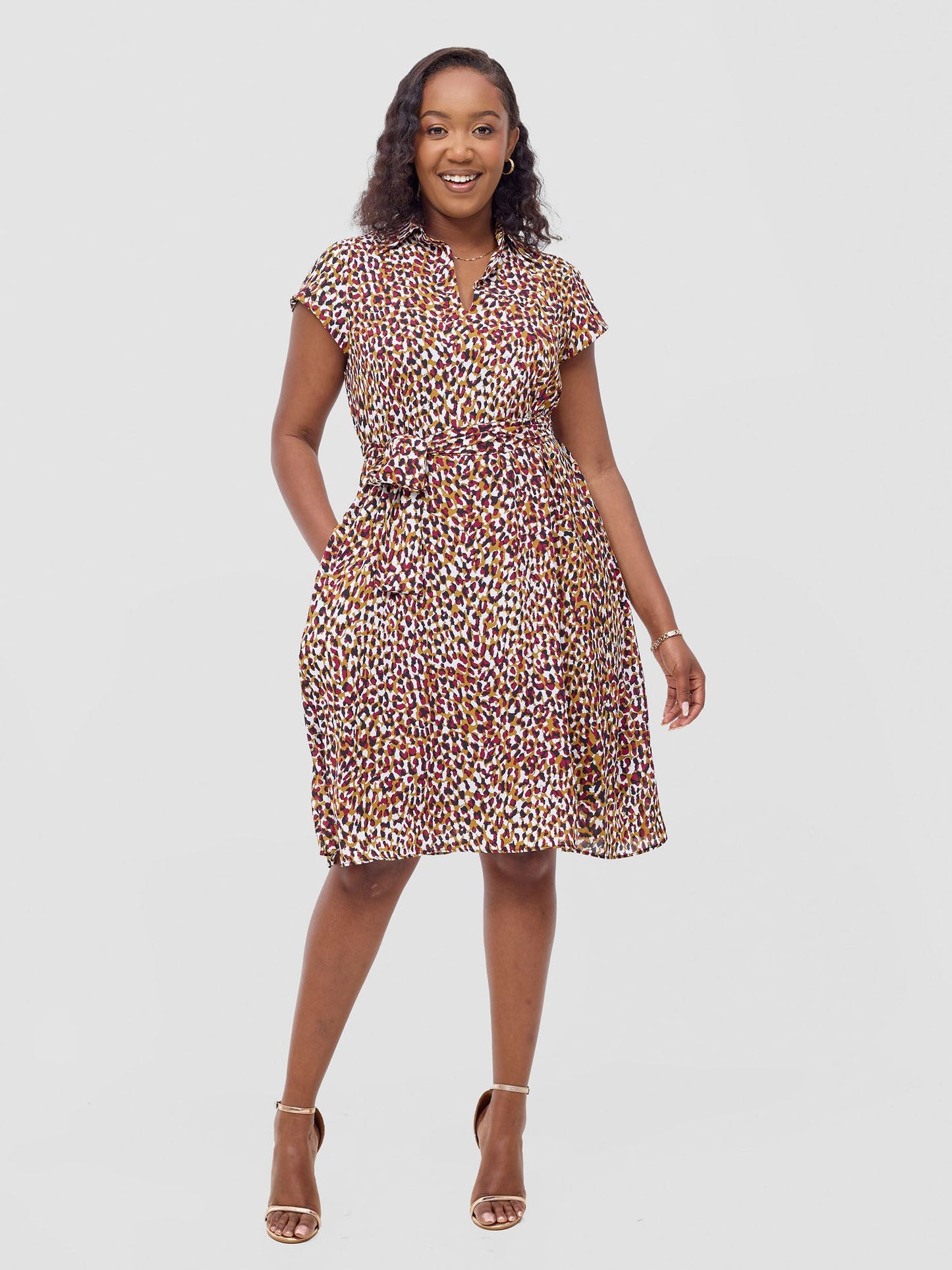 Vivo Zuri Cap Sleeve Knee Length Dress - Burgundy / Rust Berek Print