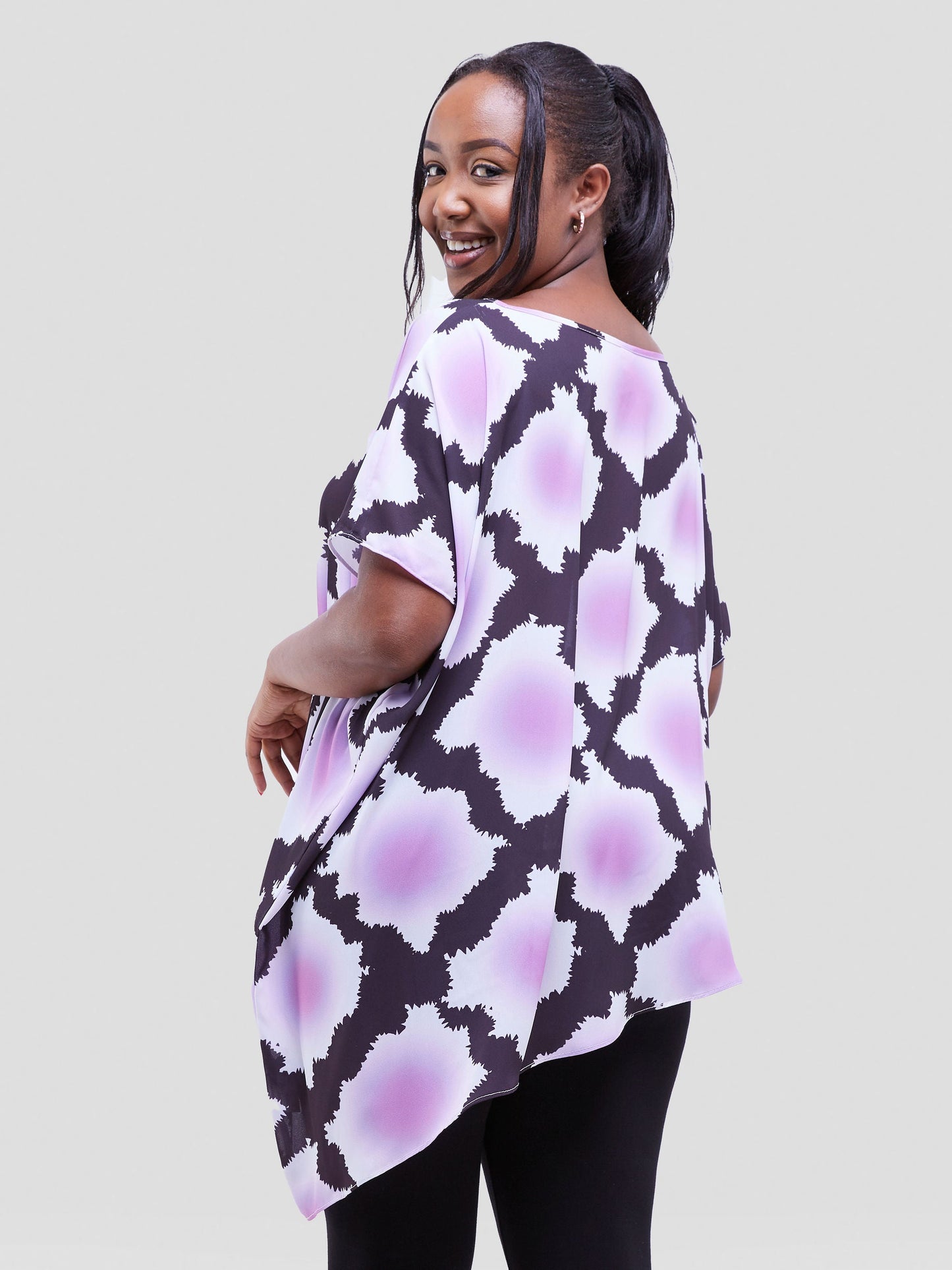Vivo Soleil Asymmetrical Hem Tunic Kaftan - Mulberry / Dusty Pink Almasi Print