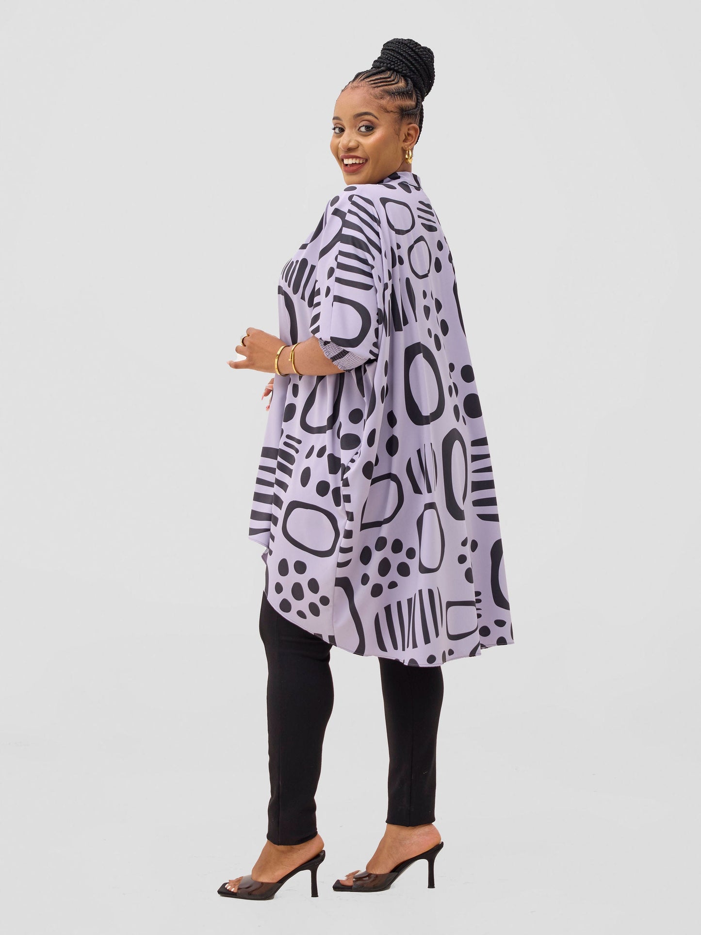 Vivo Wastani 3/4 Shirred Sleeve Wide Tunic - Lilac / Black Hawa Print