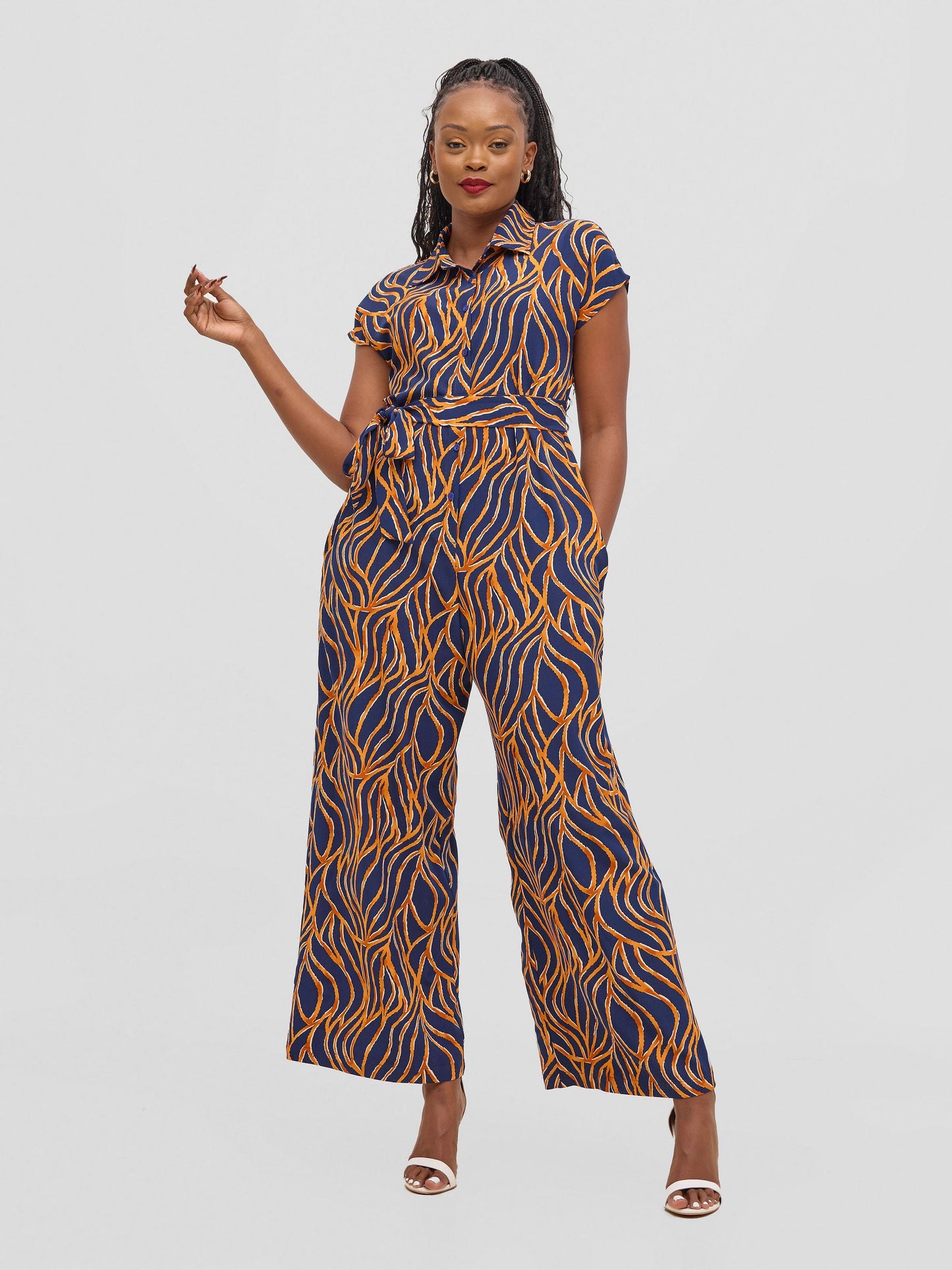 Vivo Ayla Drop Shoulder Jumpsuit - Navy / Orange Print
