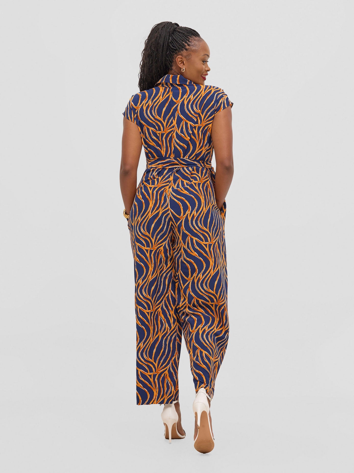 Vivo Ayla Drop Shoulder Jumpsuit - Navy / Orange Print