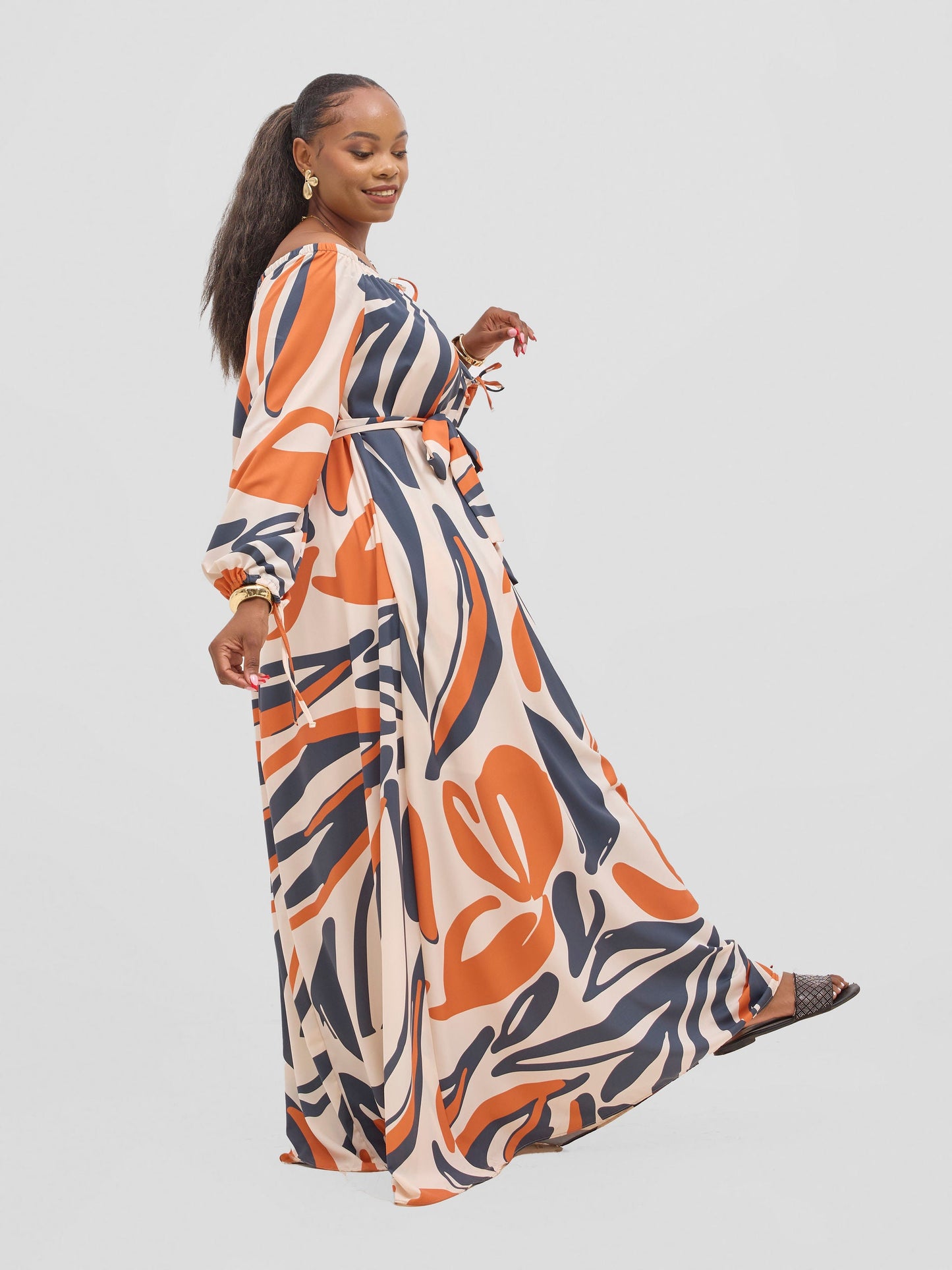 Vivo Zahari Off-Shoulder Maxi Dress - Cream / Orange Haza Print