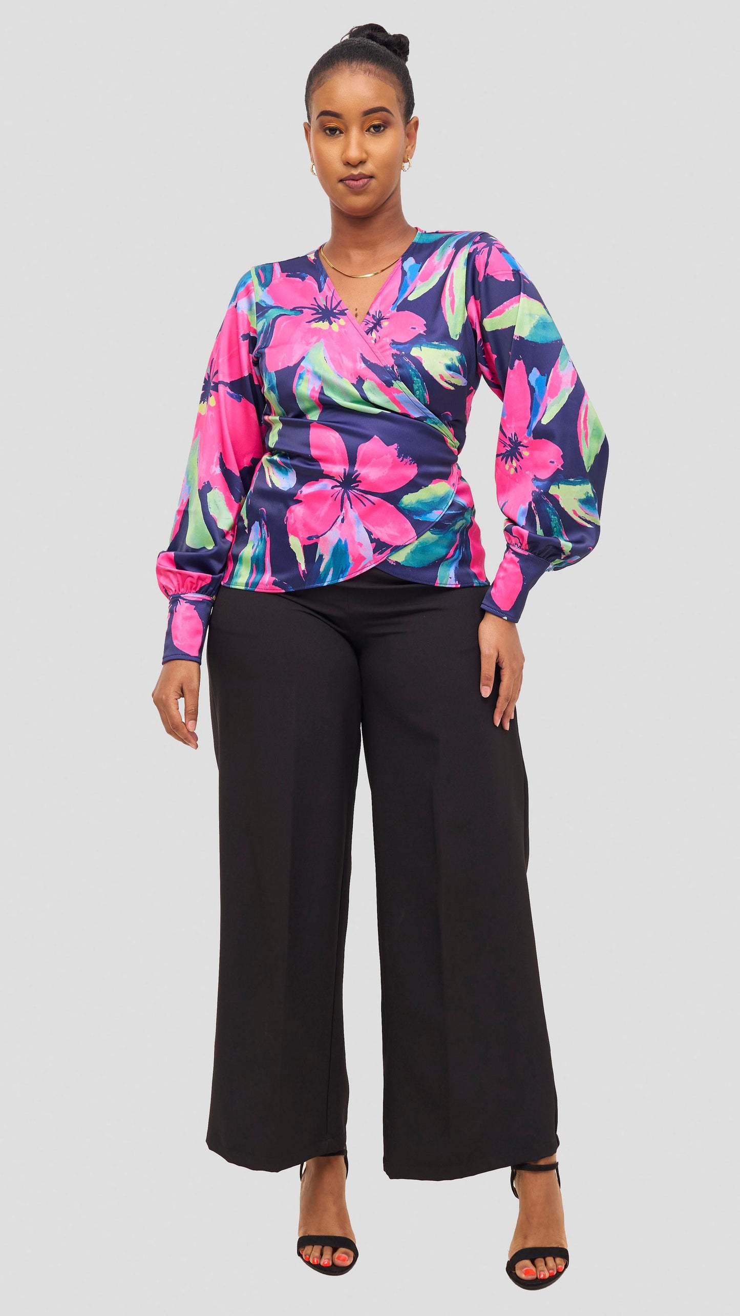 Vivo Merika Satin Wrap Top - Fuschia / Green Iya Print