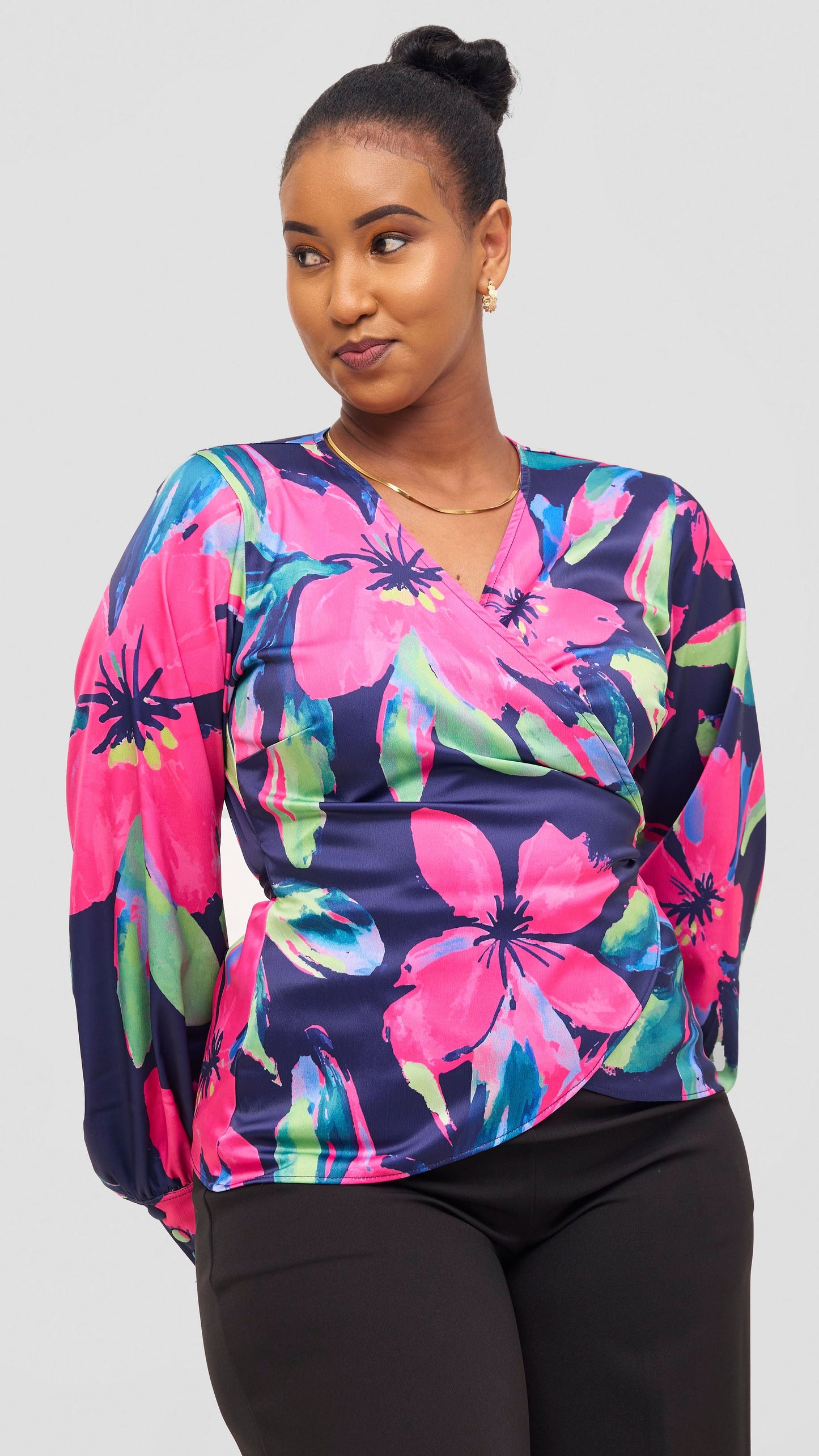Vivo Merika Satin Wrap Top - Fuschia / Green Iya Print