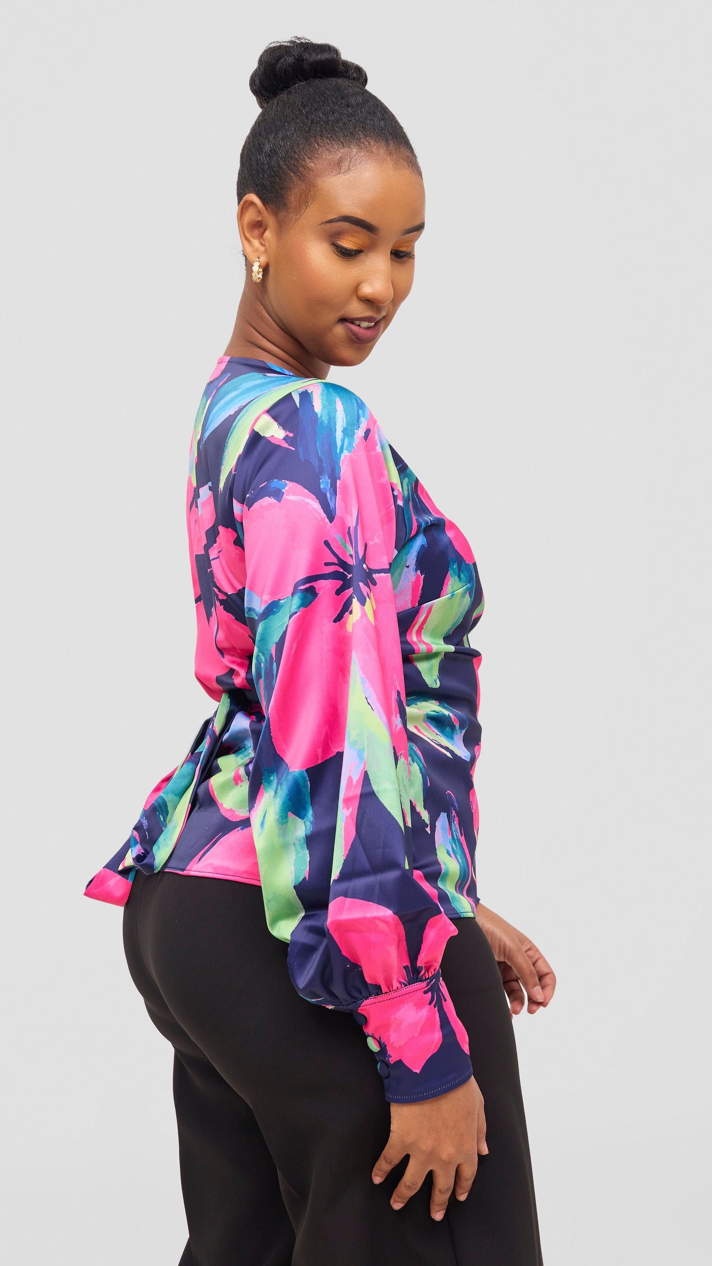 Vivo Merika Satin Wrap Top - Fuschia / Green Iya Print