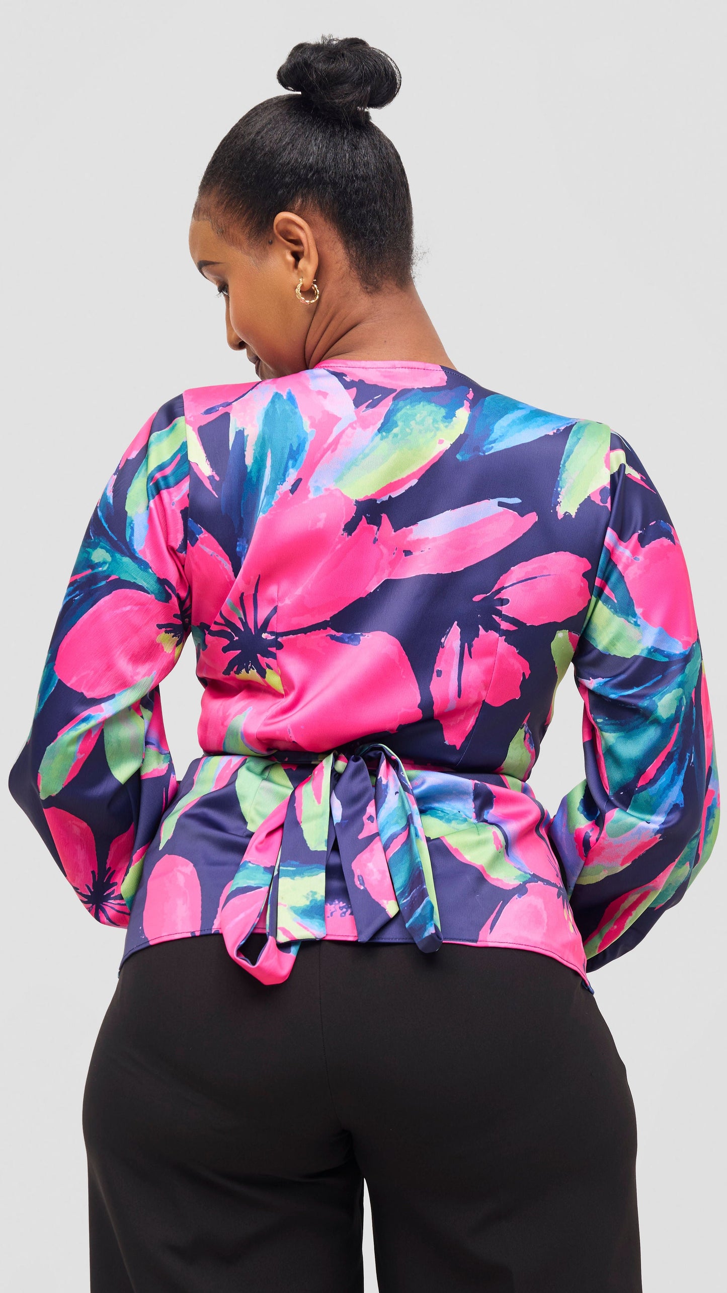 Vivo Merika Satin Wrap Top - Fuschia / Green Iya Print