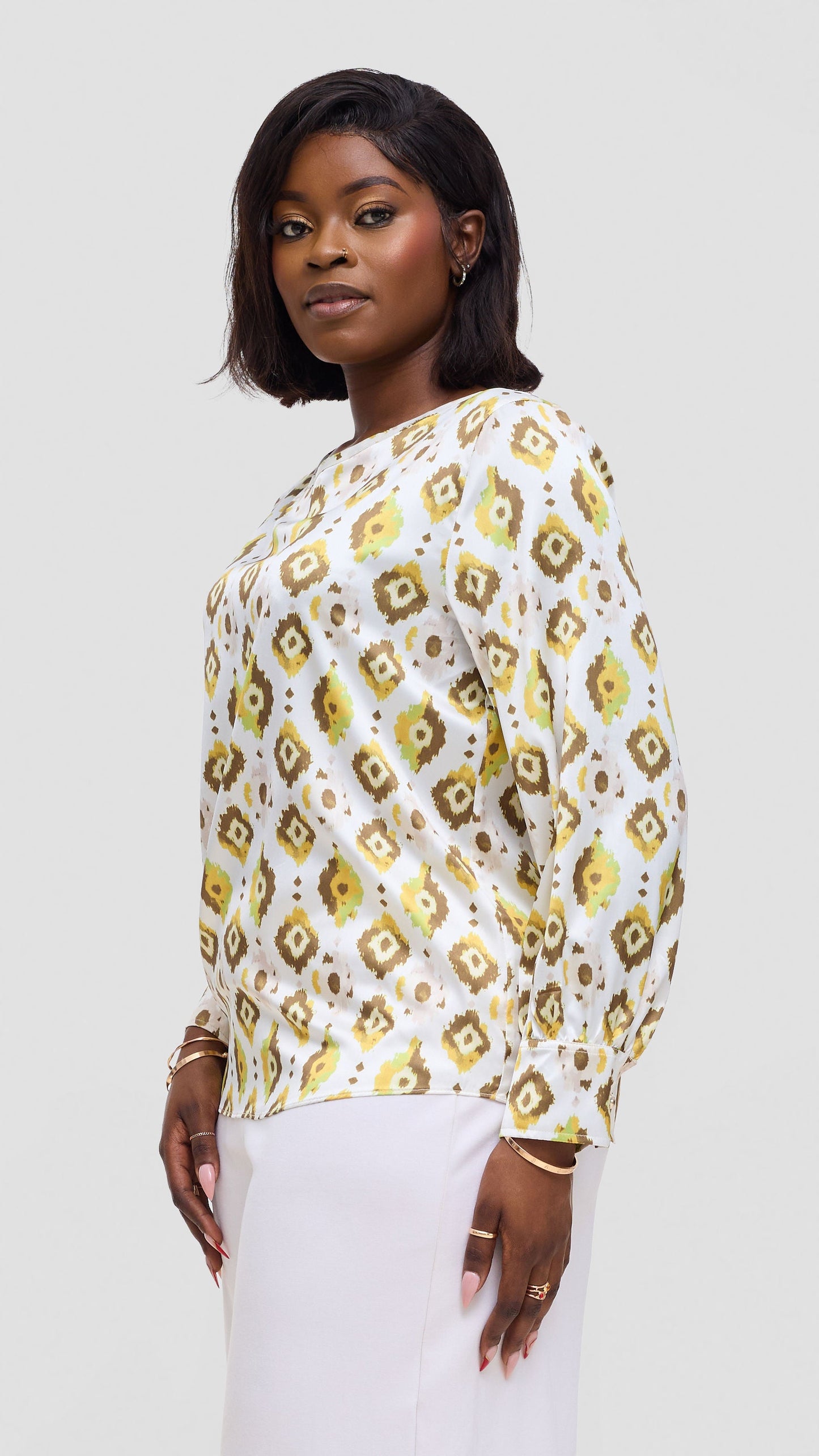 Vivo Tatili Bishop Long Sleeve Top In Satin - Olive Multicolor