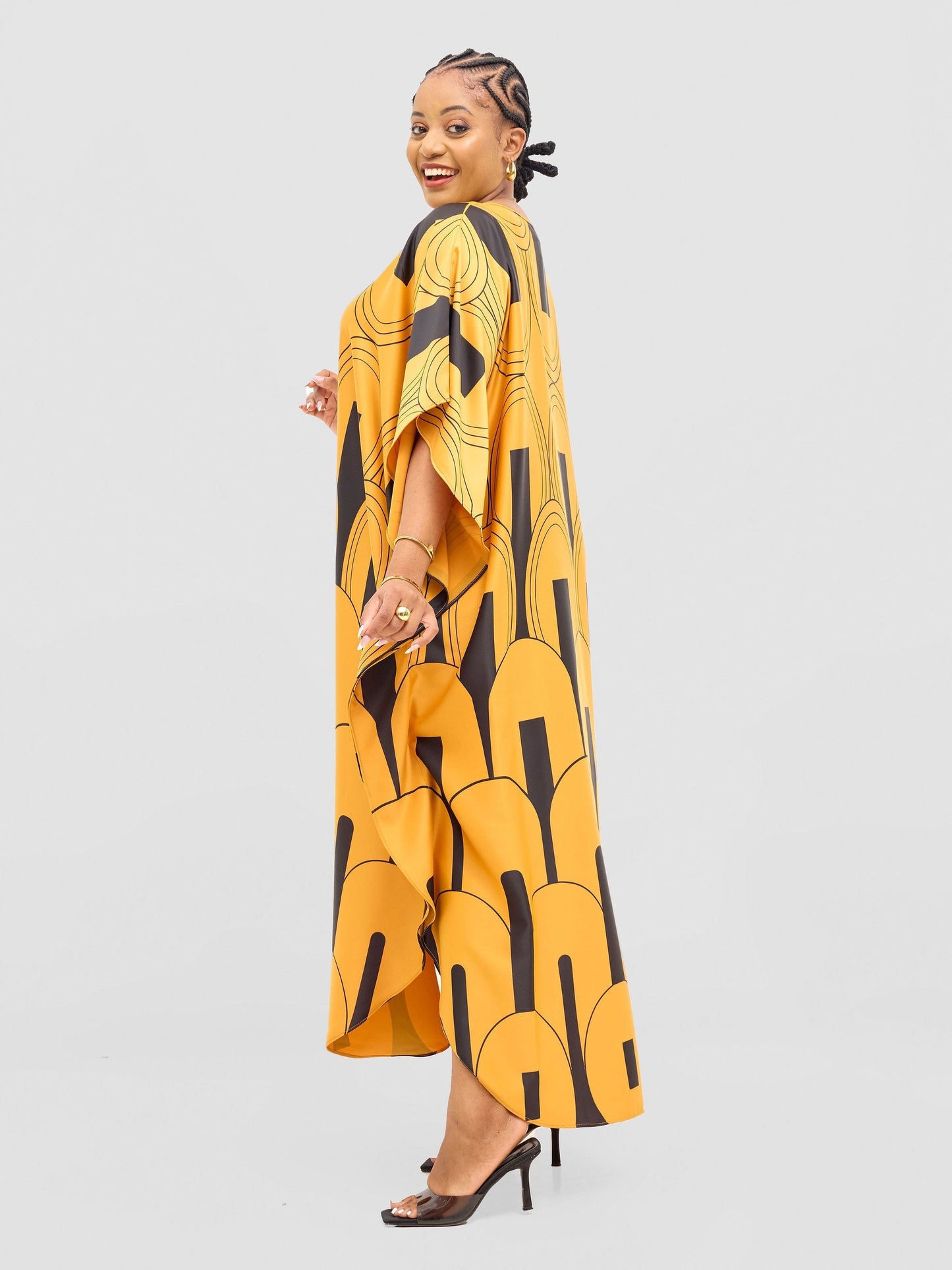 Vivo Amai Maxi Kaftan Dress - Mustard / Black Lango Print