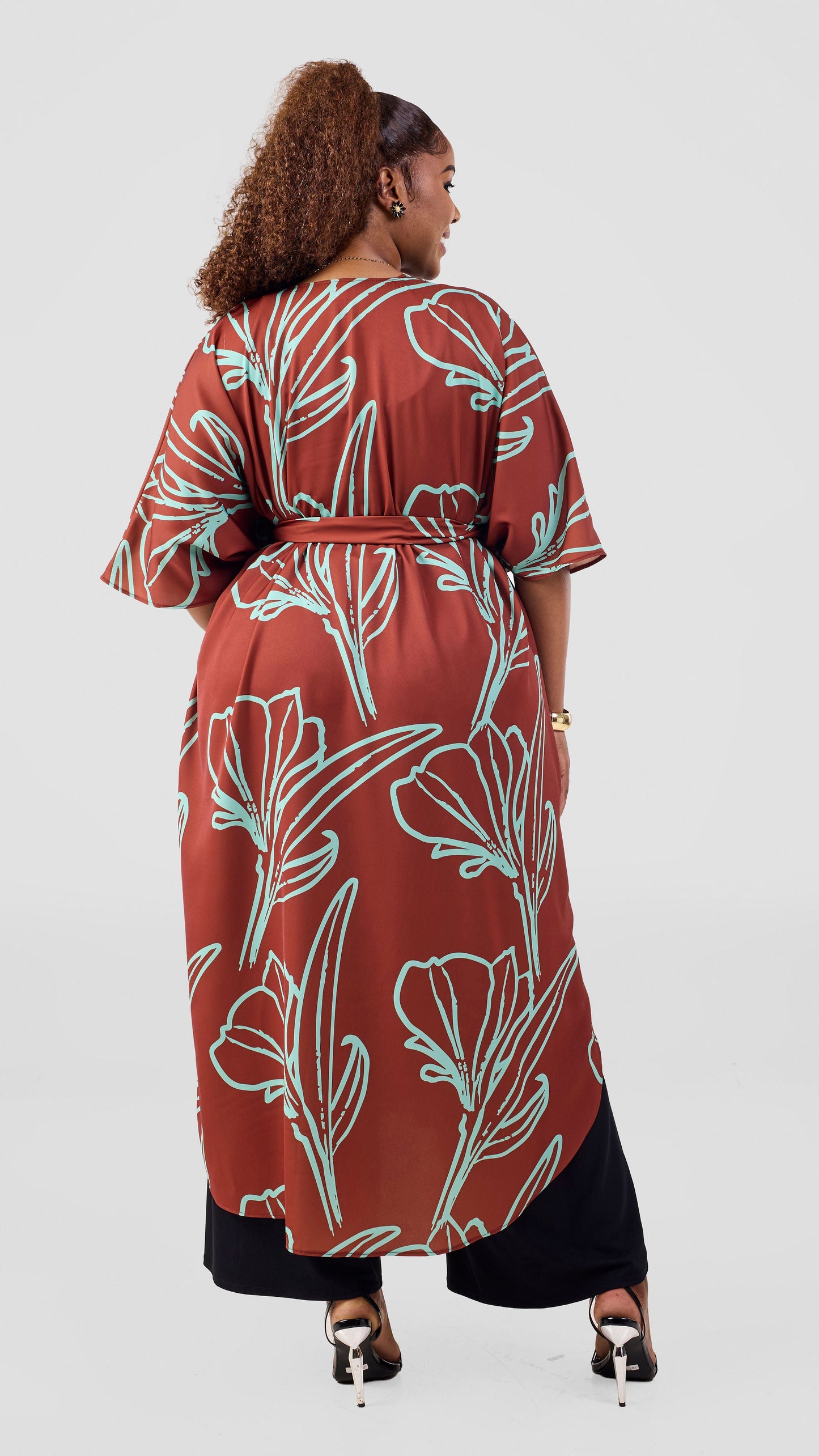Vivo Basic Open Kaftan - Light Green / Rust Print