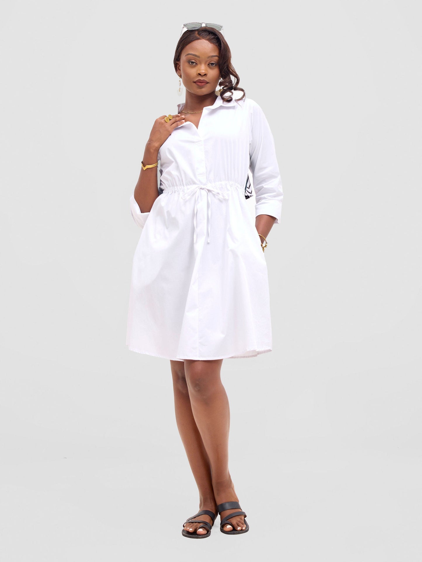 Safari Lira Drawstring Knee Length Dress - White + Elmi Print