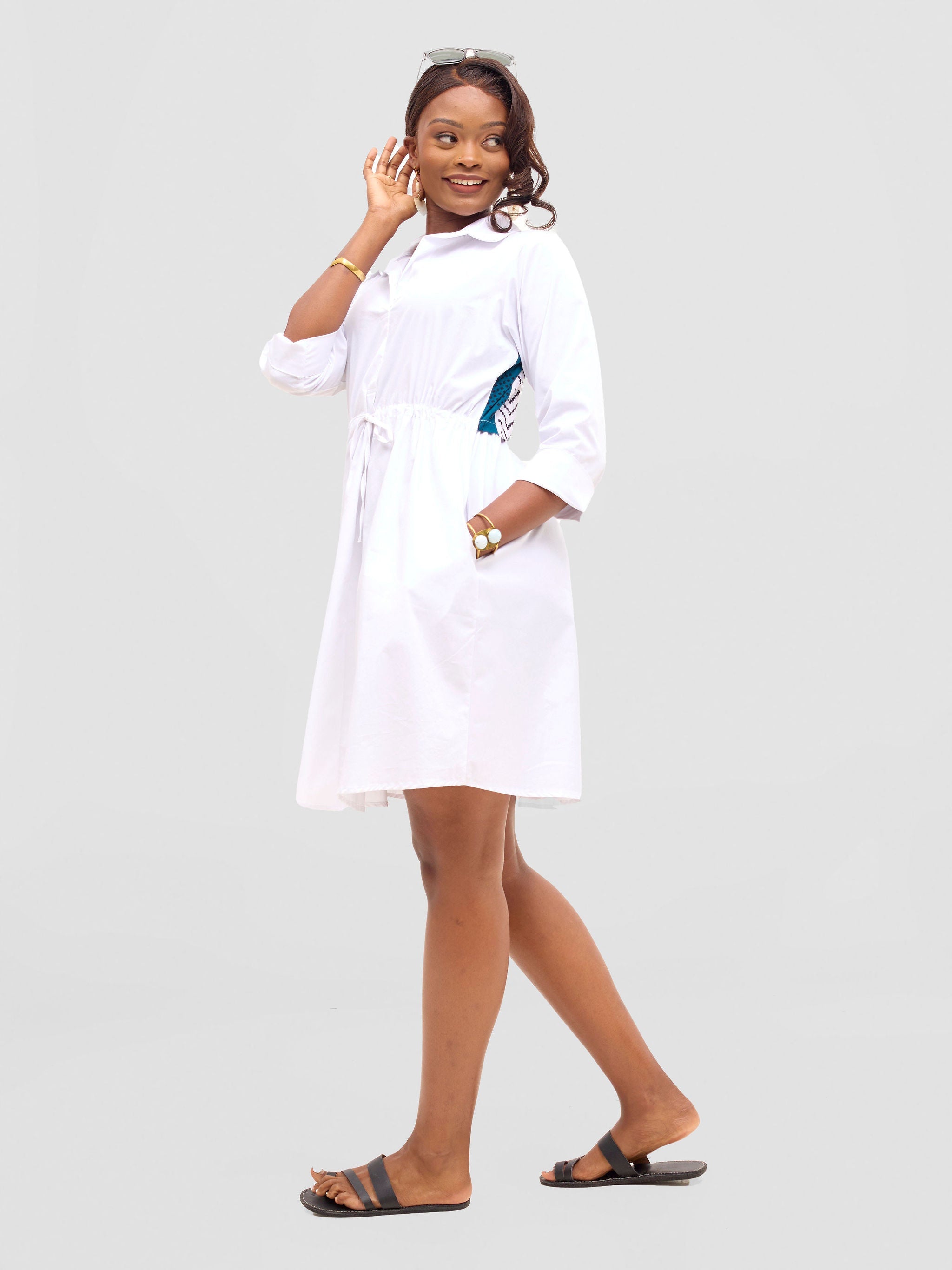Safari Lira Drawstring Knee Length Dress - White + Elmi Print
