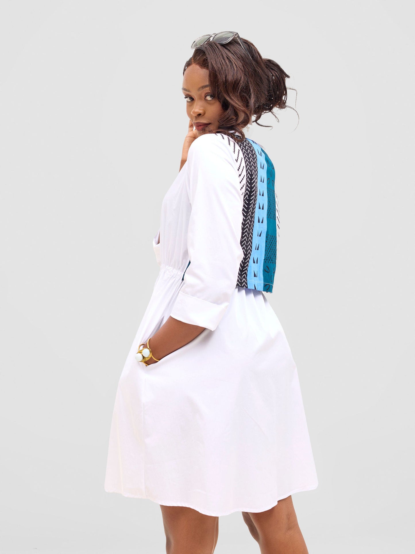 Safari Lira Drawstring Knee Length Dress - White + Elmi Print