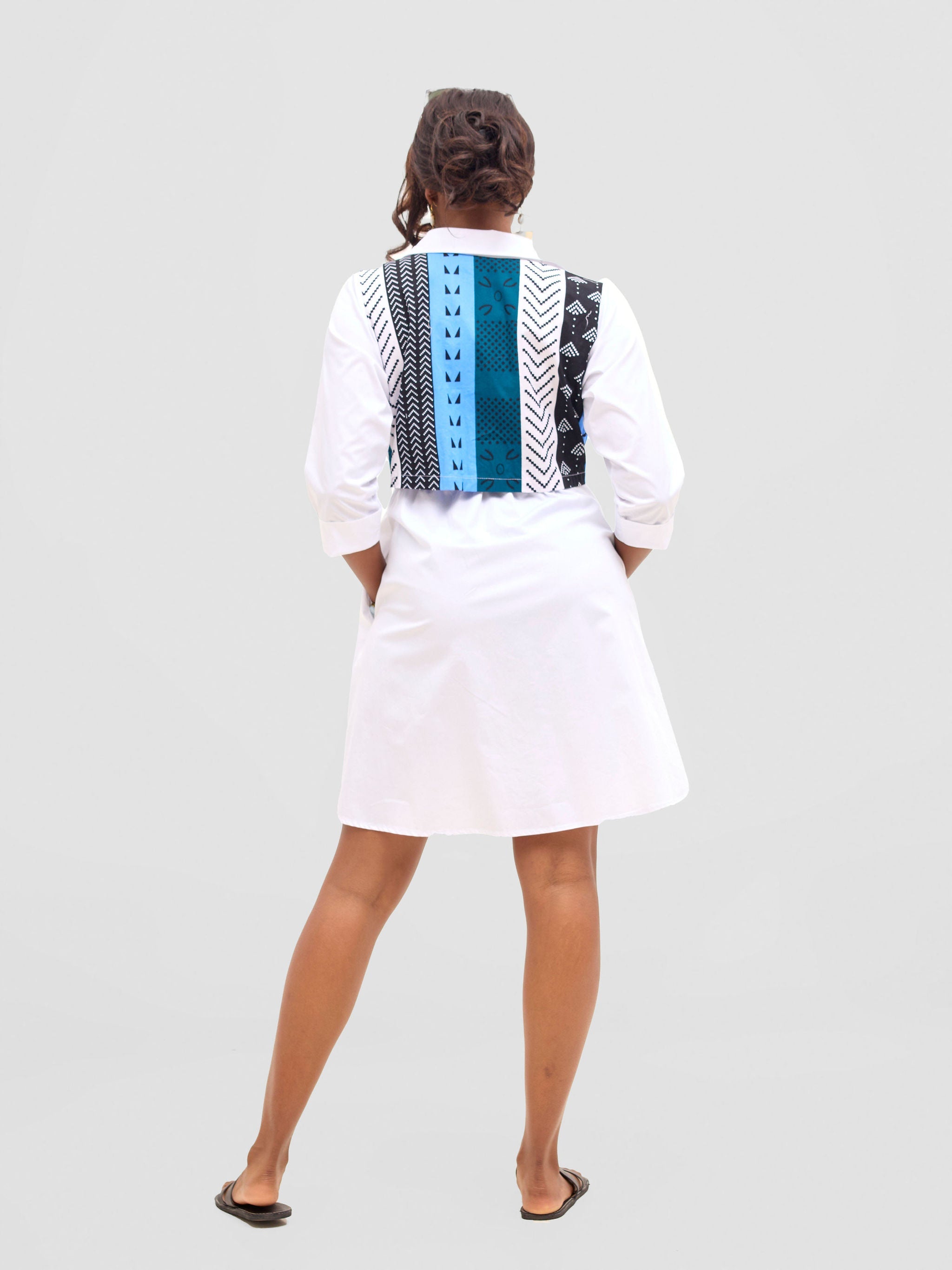 Safari Lira Drawstring Knee Length Dress - White + Elmi Print
