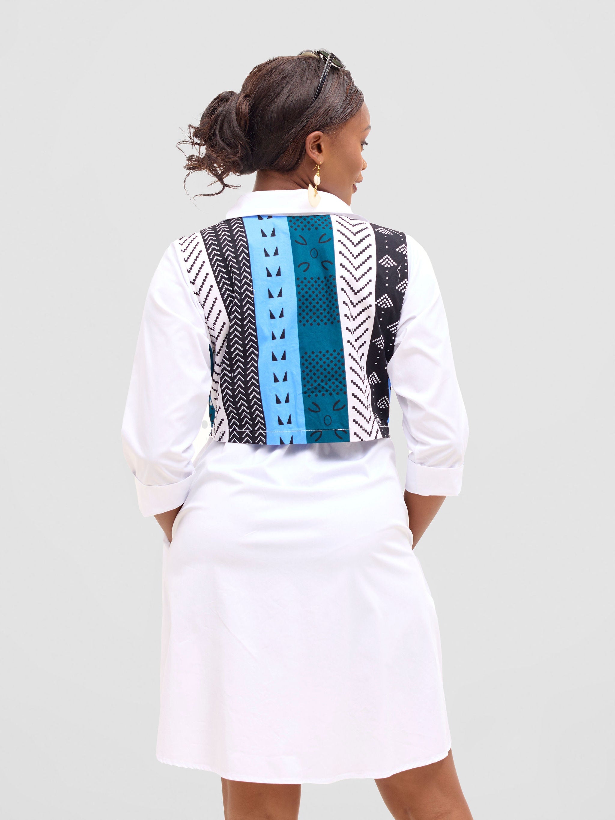 Safari Lira Drawstring Knee Length Dress - White + Elmi Print