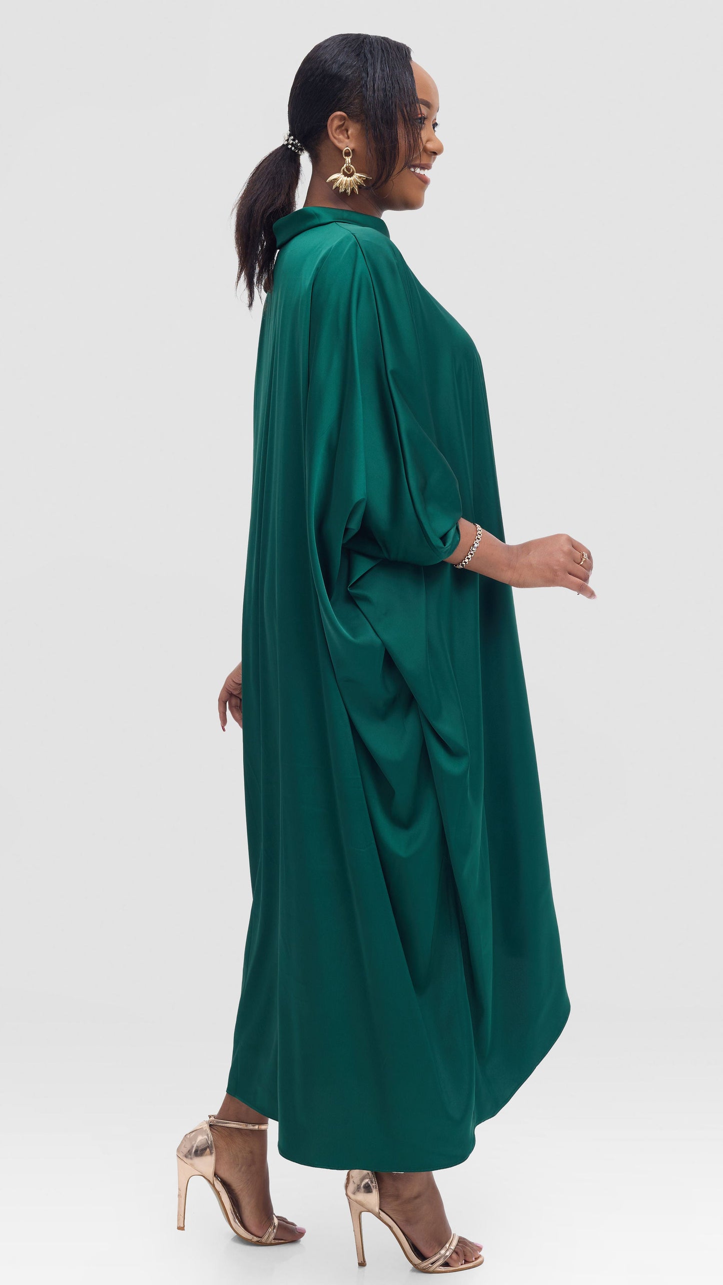 Vivo Takali Asymmetrical Midi Length Kaftan In Satin - Dark Green