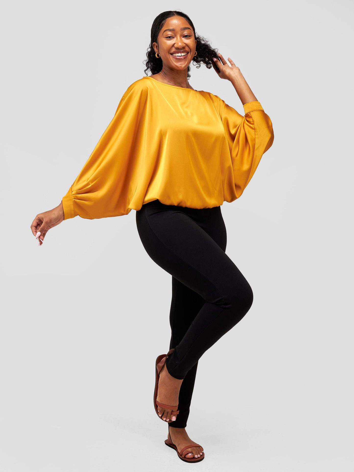 Vivo Sawari Crossed Cuff Batwing Top in Satin - Mustard