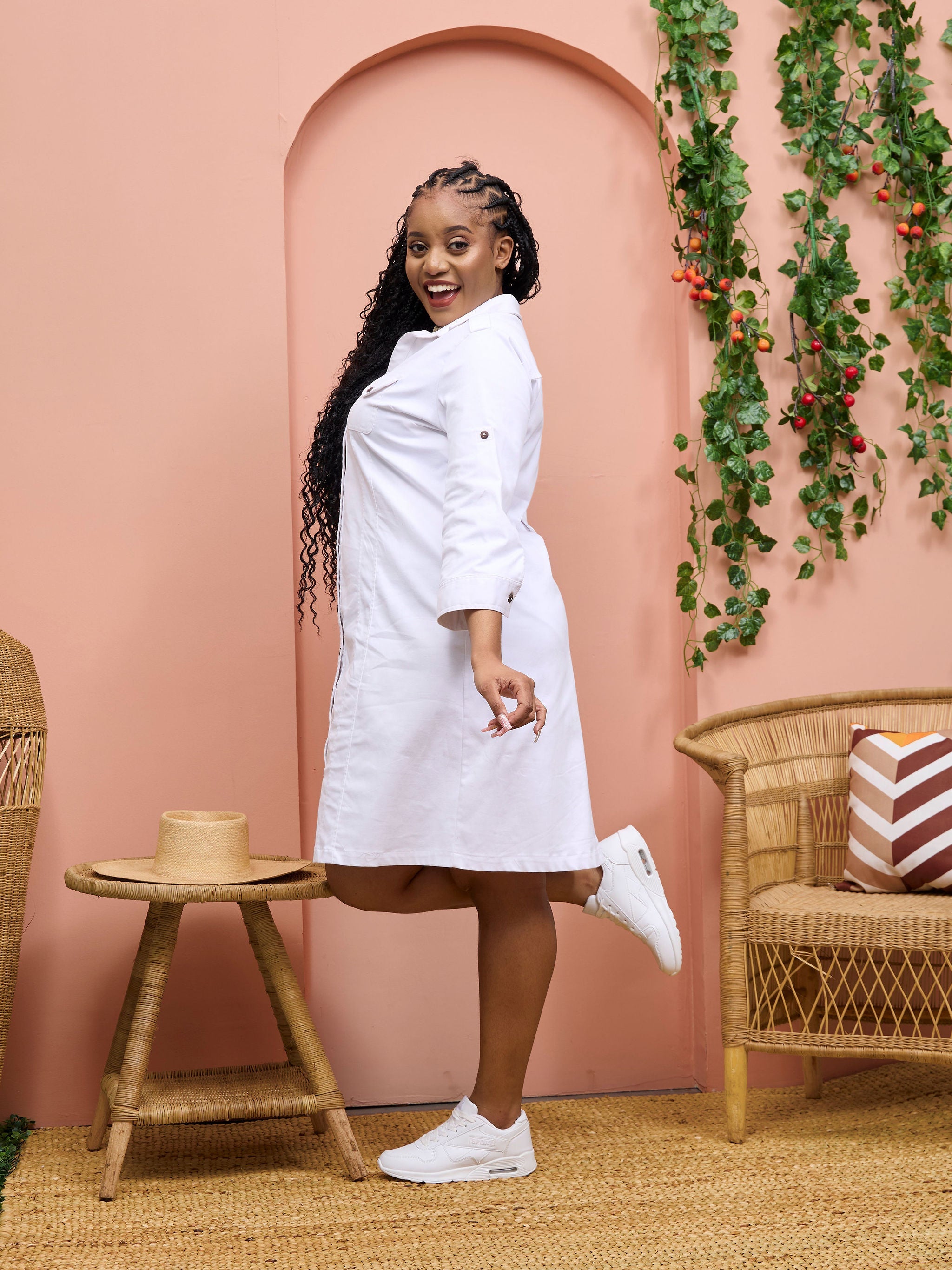 Safari Chui 3/4 Sleeve A-Line Dress - White