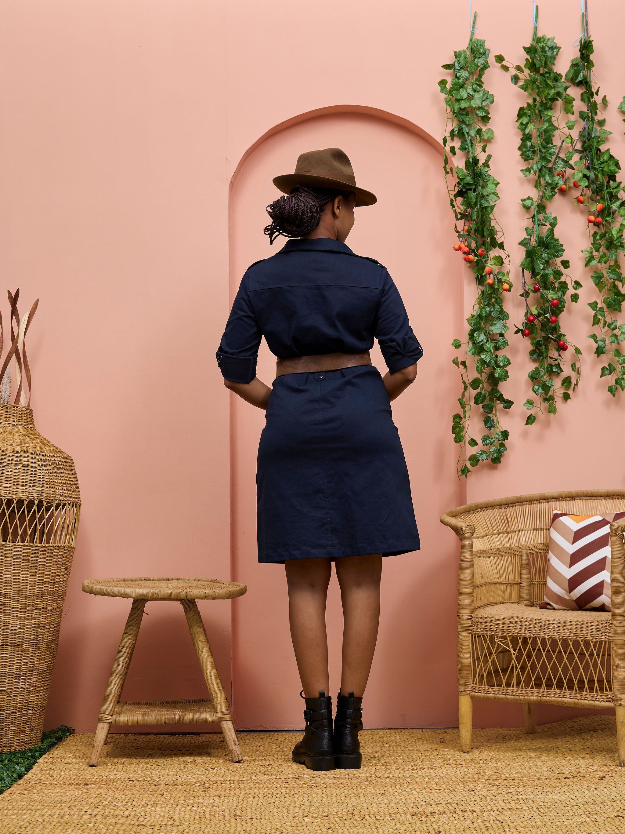 Safari Chui 3/4 Sleeve A-Line Dress - Navy