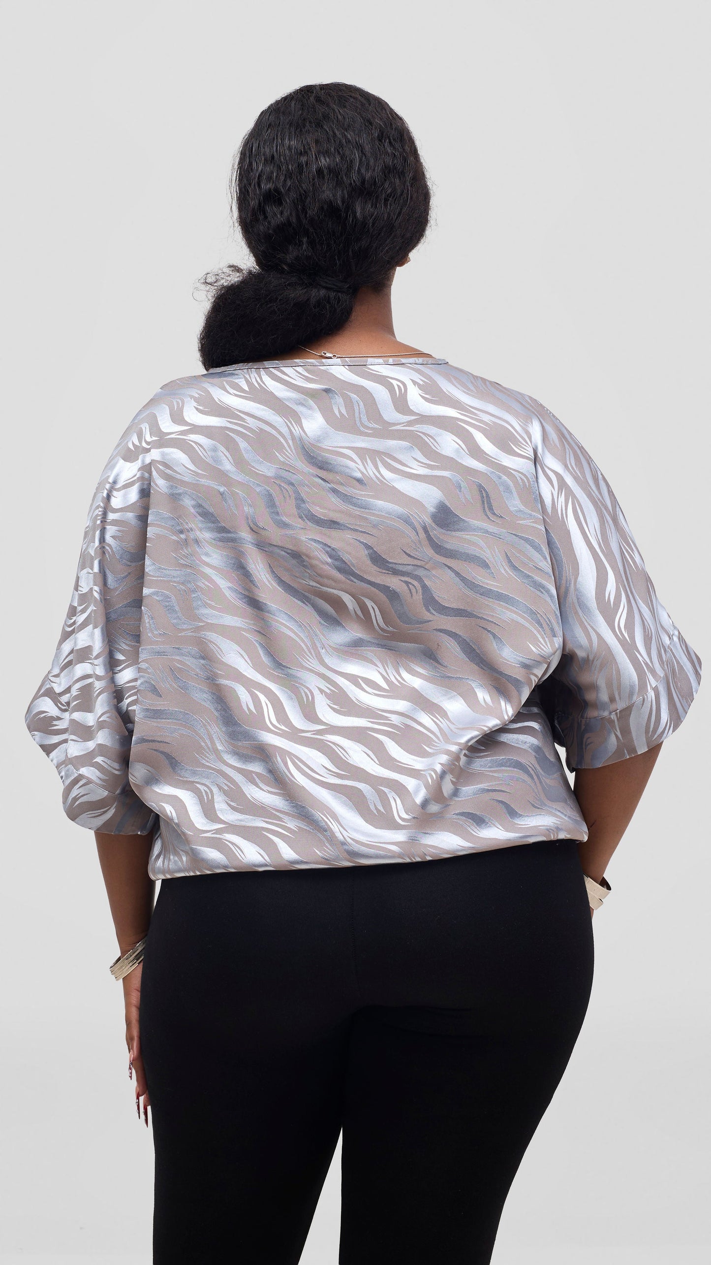 Vivo Liora Satin Drawstring Kimono Sleeve Top - Baby Blue Textured Print