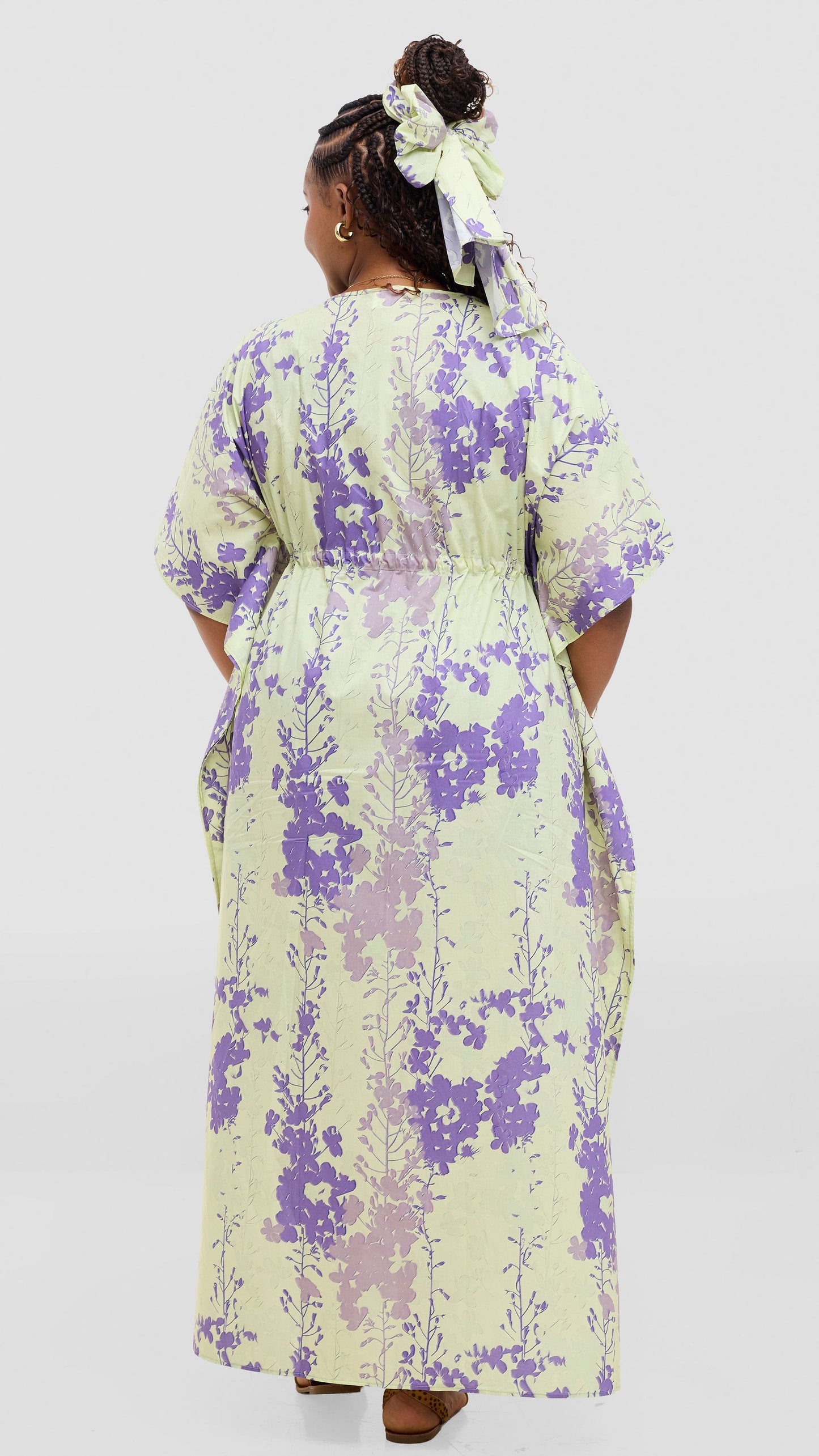 Safari by Vivo Cotton Wide Drawstring Kaftan - Light Olive / Purple Print