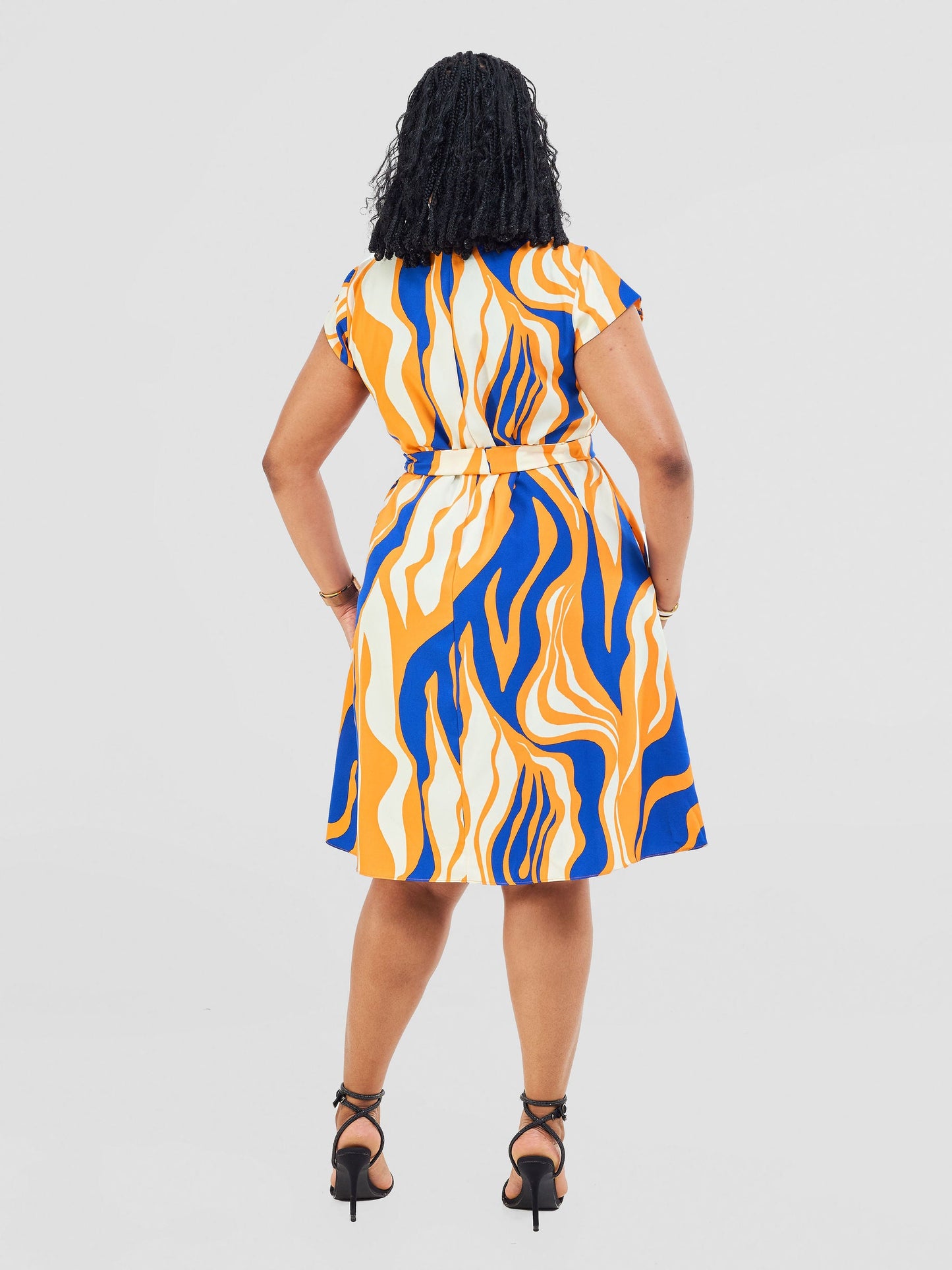 Vivo Basic Cap Sleeve Knee Length Tent Dress -Cobalt / Orange Capi Print