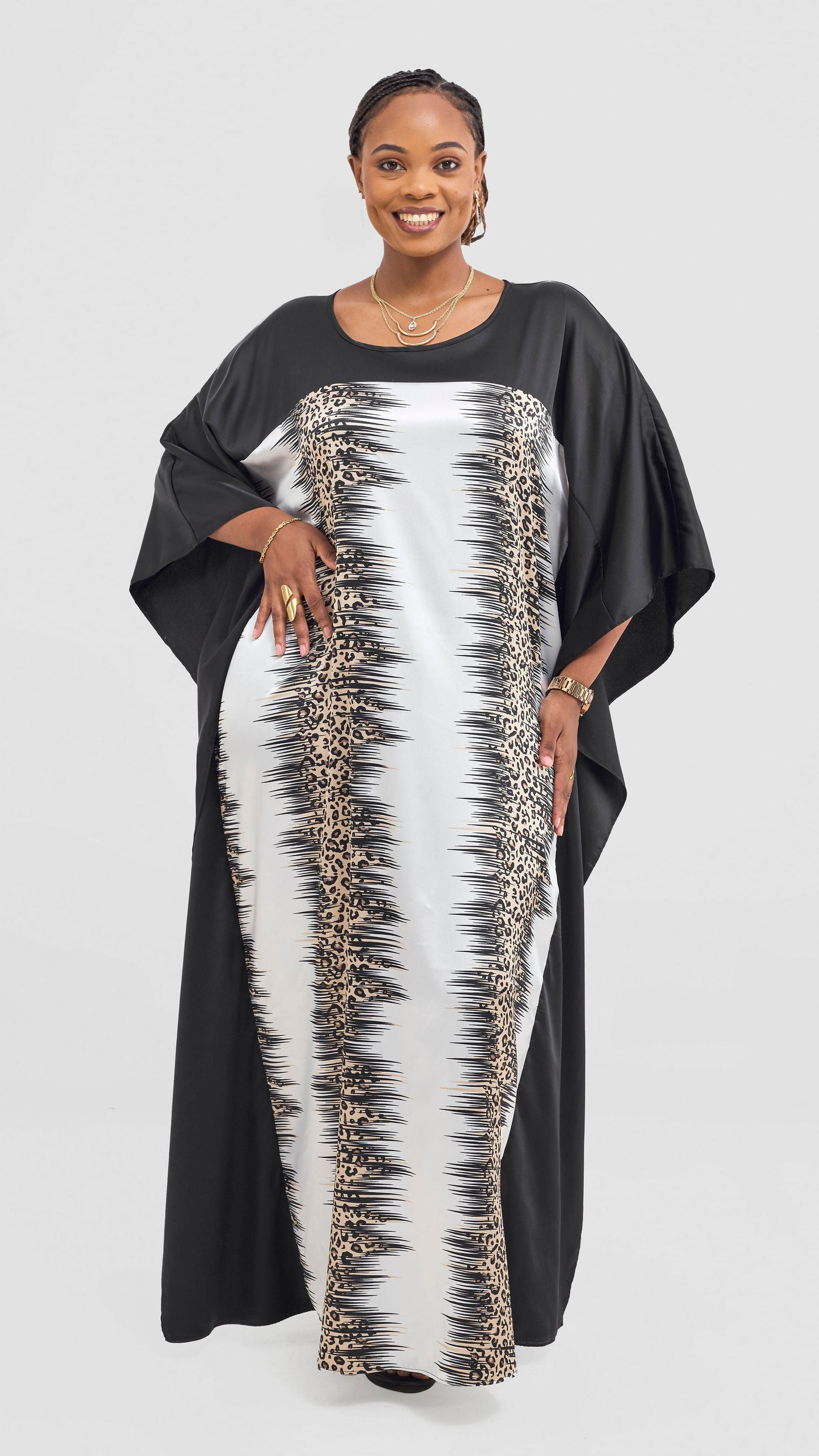 Vivo Keza Satin Border Maxi Kaftan - Beige / Cream Animal Print