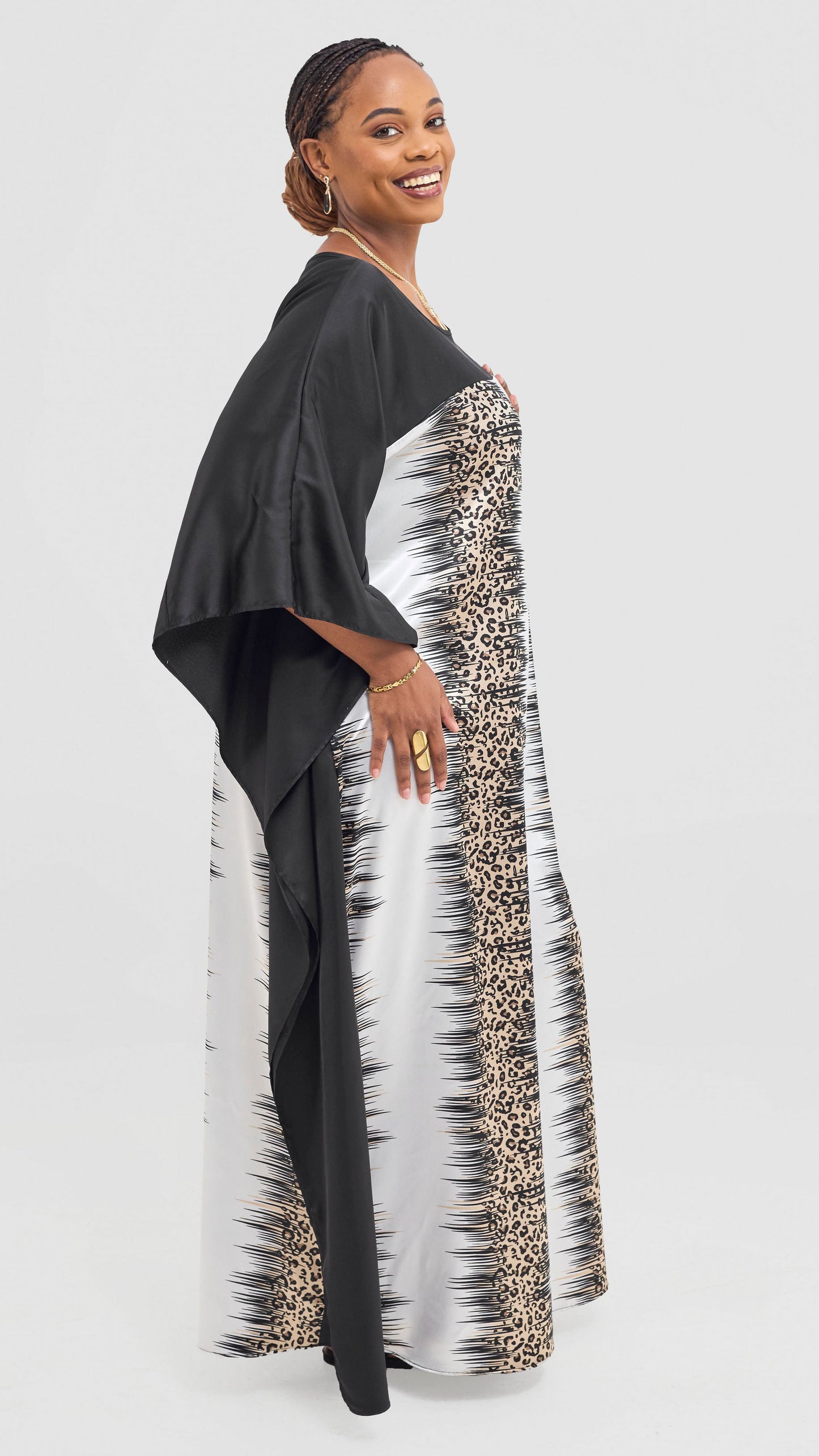 Vivo Keza Satin Border Maxi Kaftan - Beige / Cream Animal Print