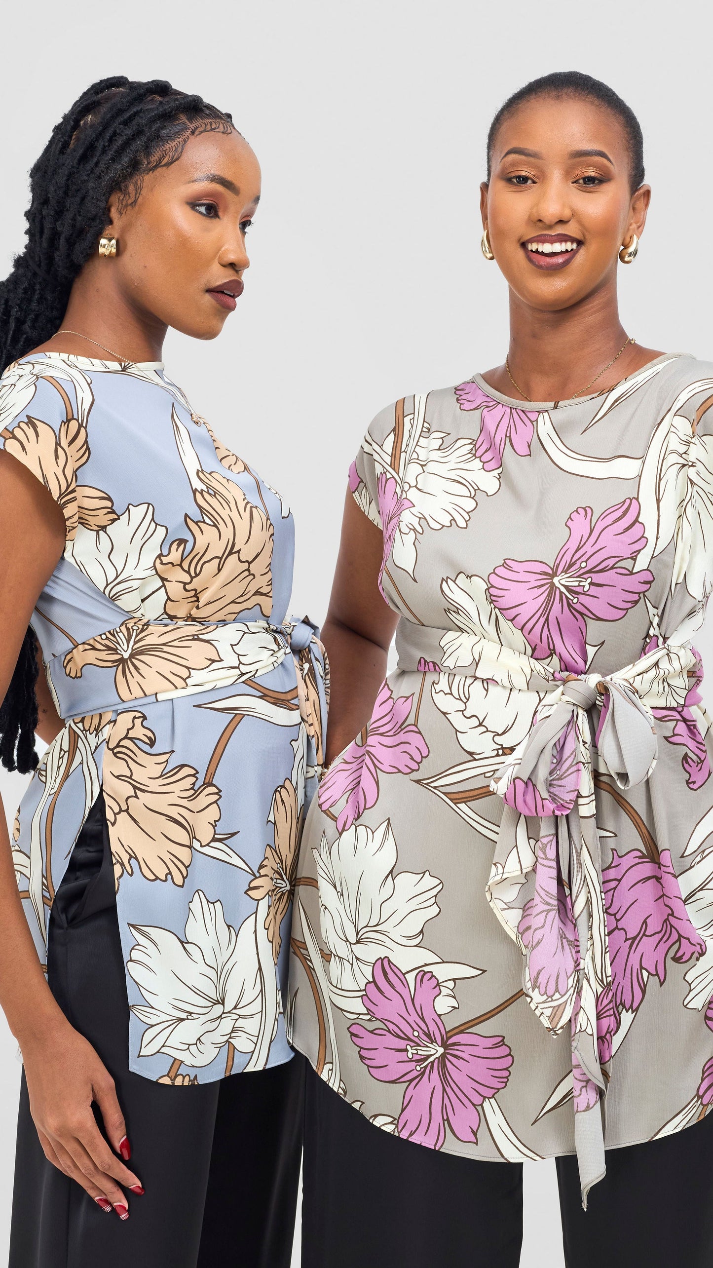 Vivo Yene Front Tie Tunic Top - Grey / Purple Tunu Print