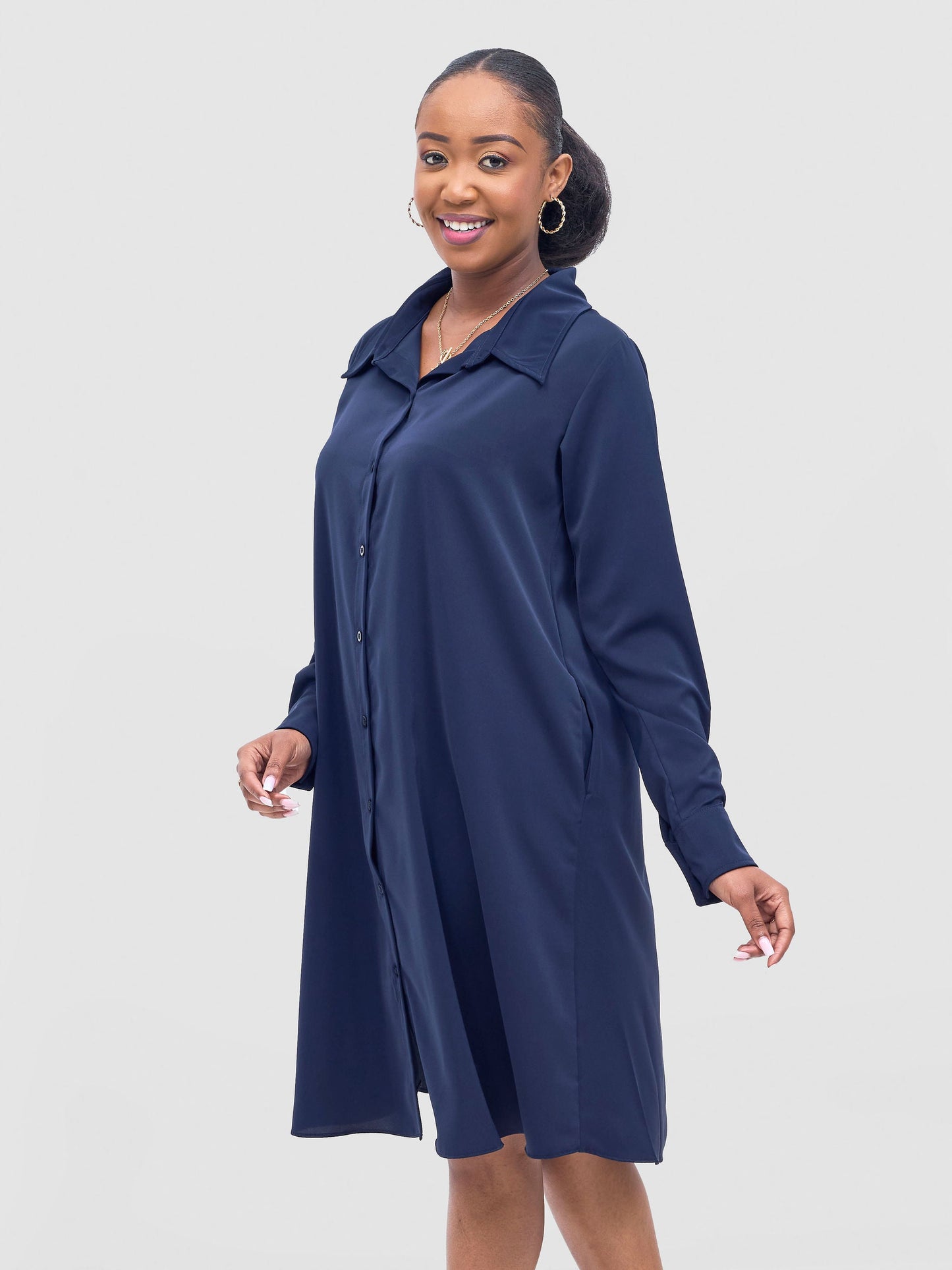 Vivo Basic Long Sleeve Tent Shirt Dress - Navy
