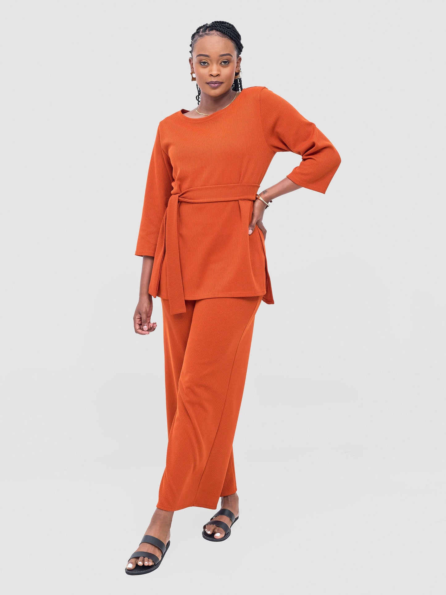 Vivo Rema 3/4 Sleeve Side Slit Tunic Top - Burnt Orange
