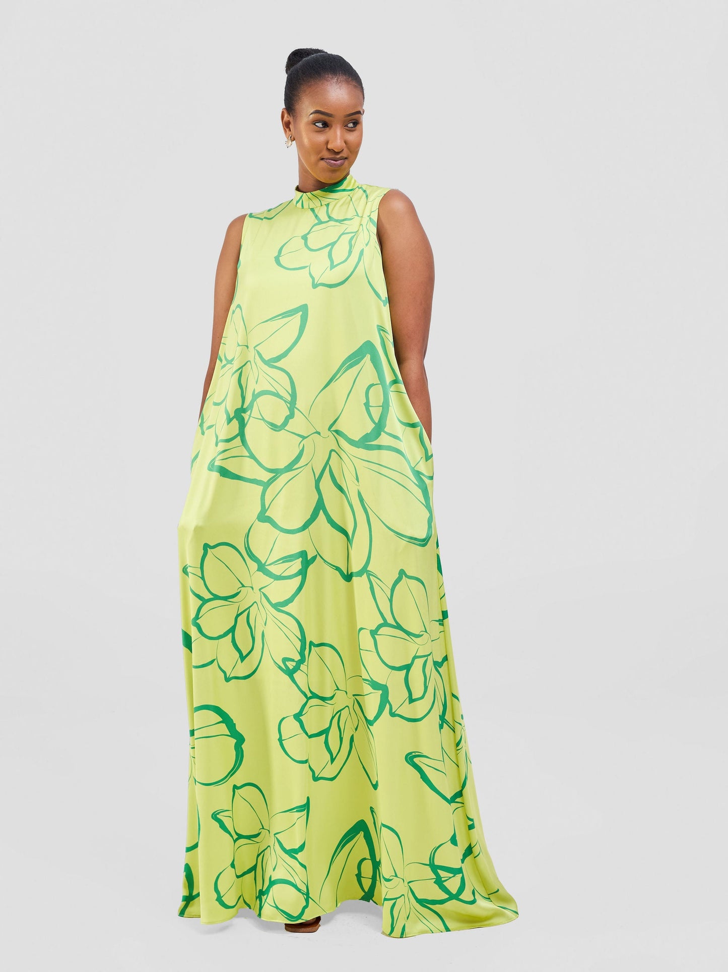 Vivo Thando Mock Neck Maxi Dress - Lime / Sea Green Ruvu Print