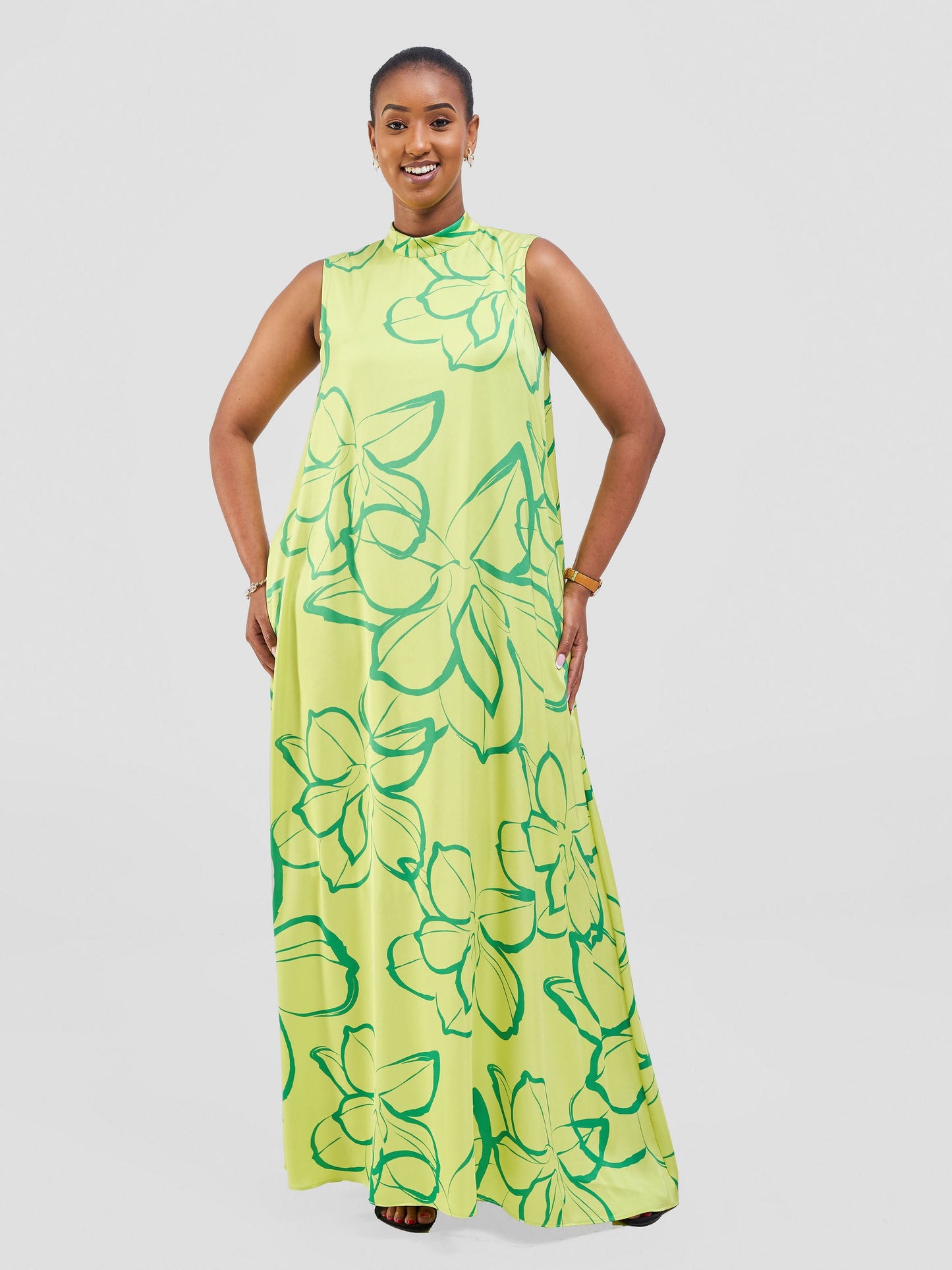 Vivo Thando Mock Neck Maxi Dress - Lime / Sea Green Ruvu Print