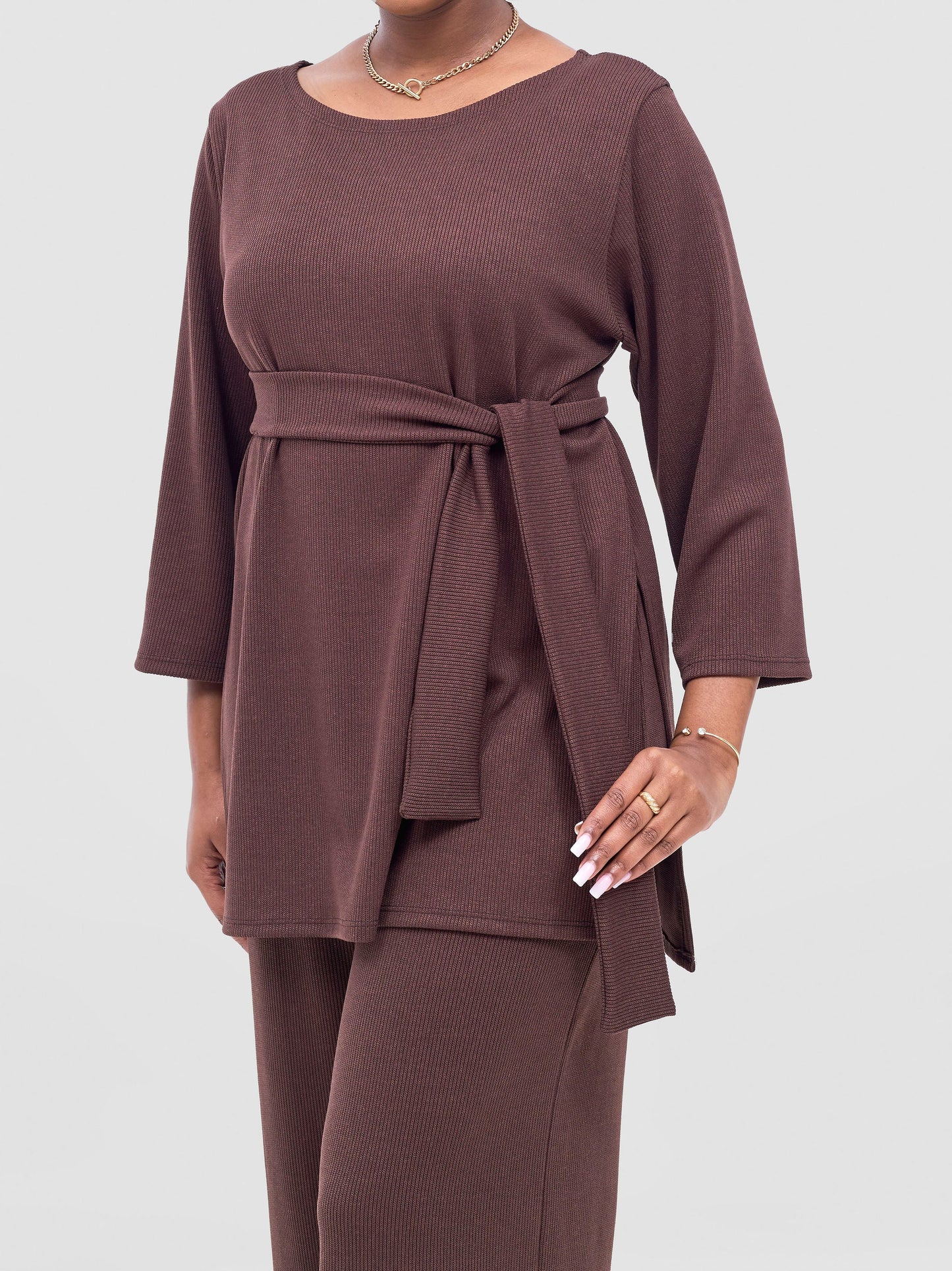 Vivo Rema 3/4 Sleeve Side Slit Tunic Top - Dark Brown