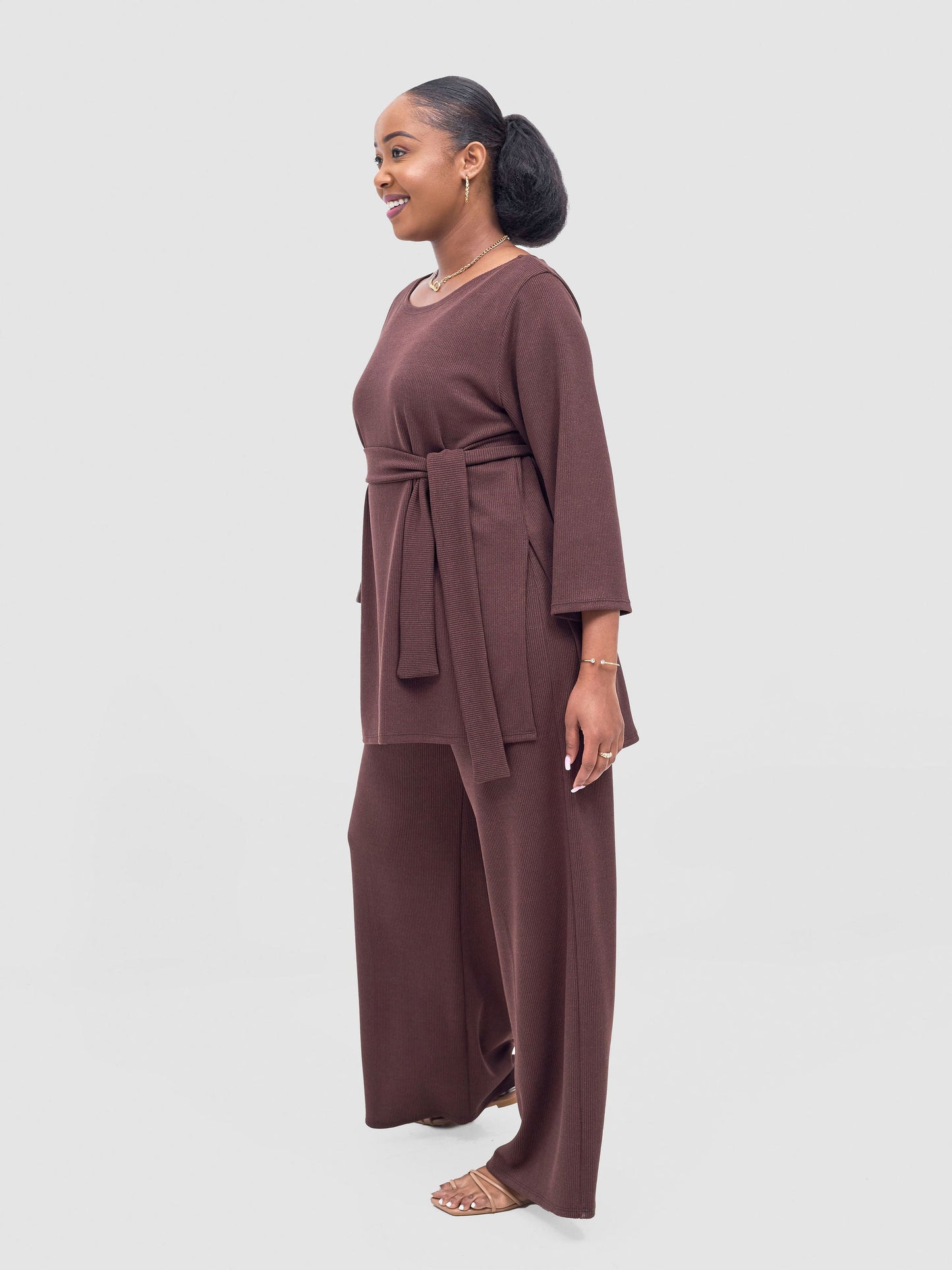 Vivo Rema 3/4 Sleeve Side Slit Tunic Top - Dark Brown